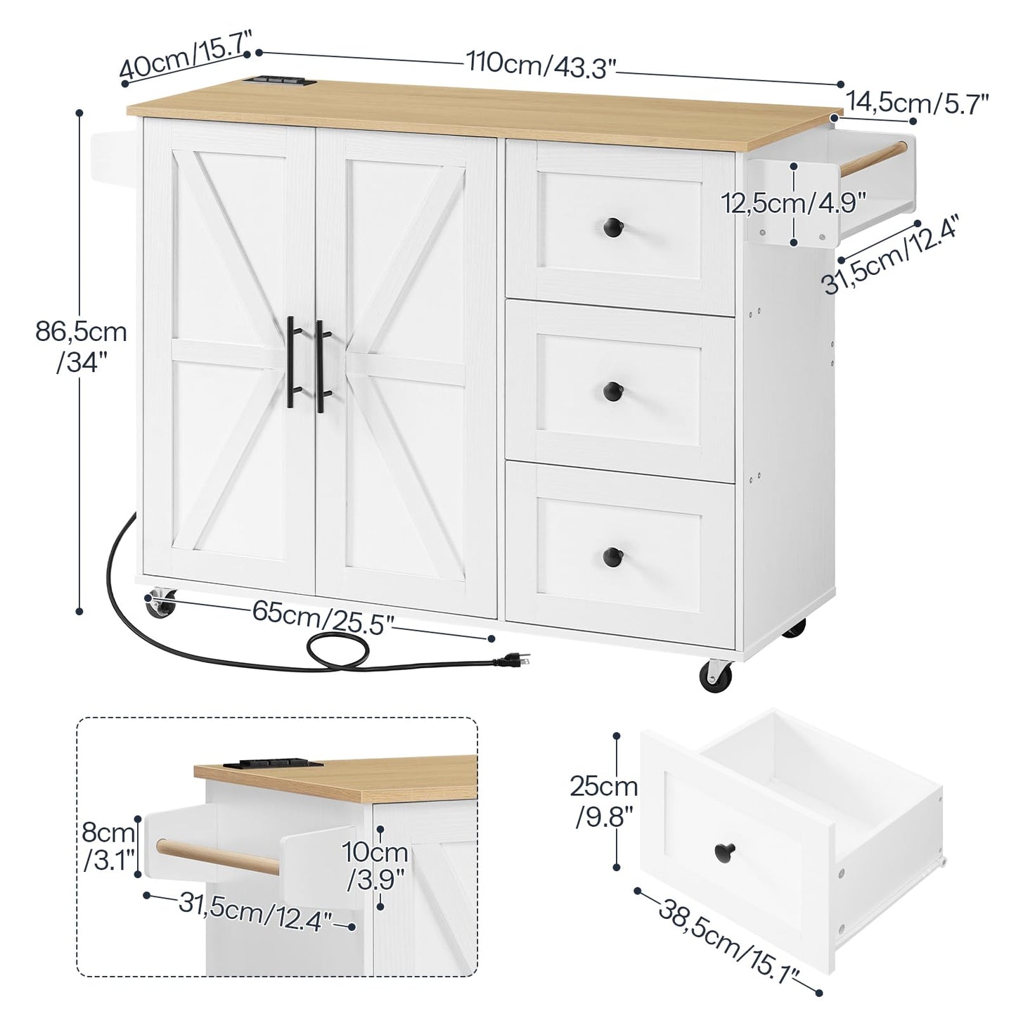 HOOBRO White Portable Kitchen Island with Power Outlet & Adjustable Shelves