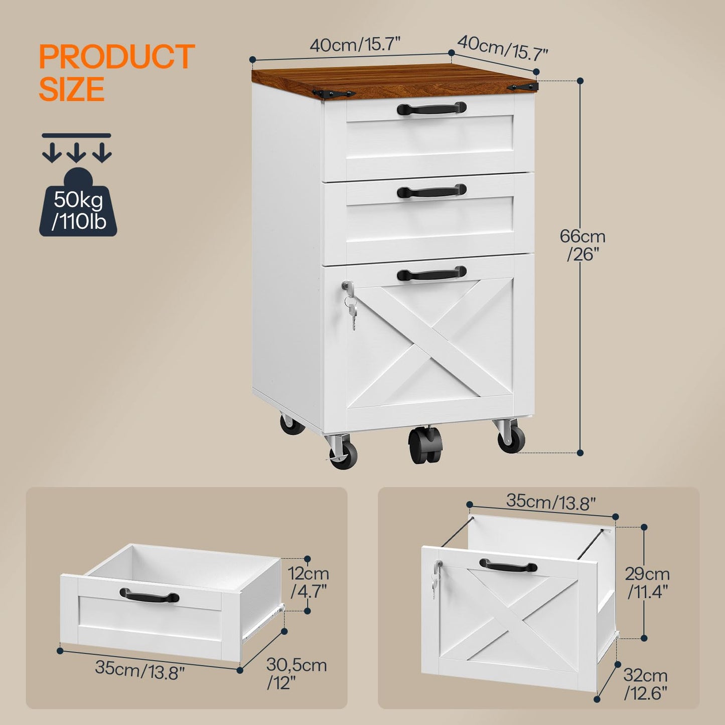 HOOBRO 3 Drawer Mobile Farmhouse File Cabinet for A4/Letter Size