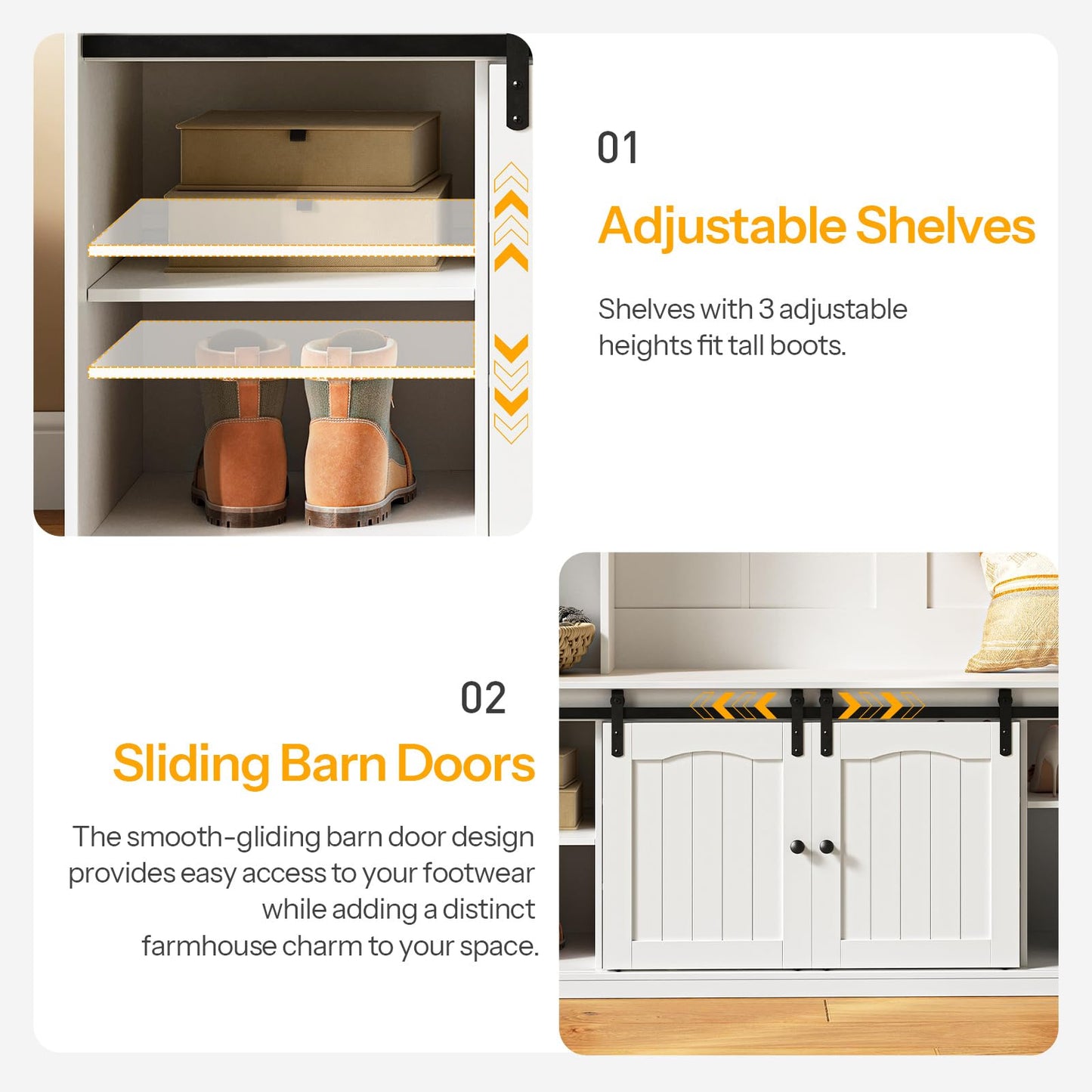 Shoe cabinet with adjustable shelves and sliding barn doors on a white background