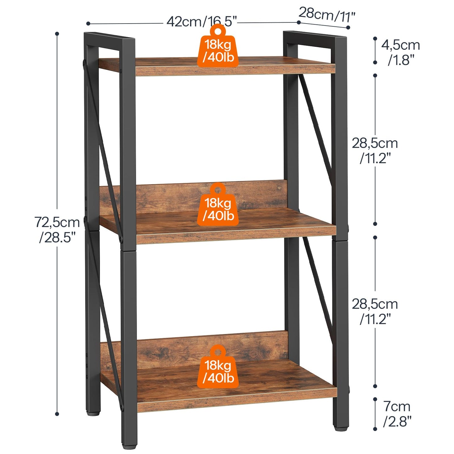 HOOBRO Retro Brown Three-Tier Industrial Style Bookshelf