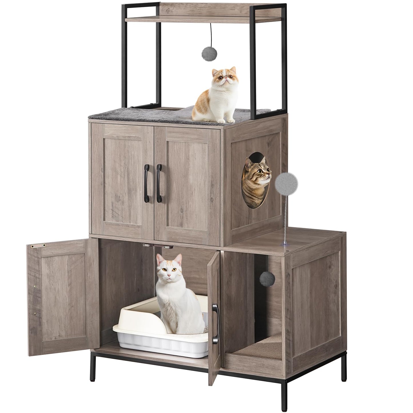 Multi-level wooden pet house with cats inside on a white background