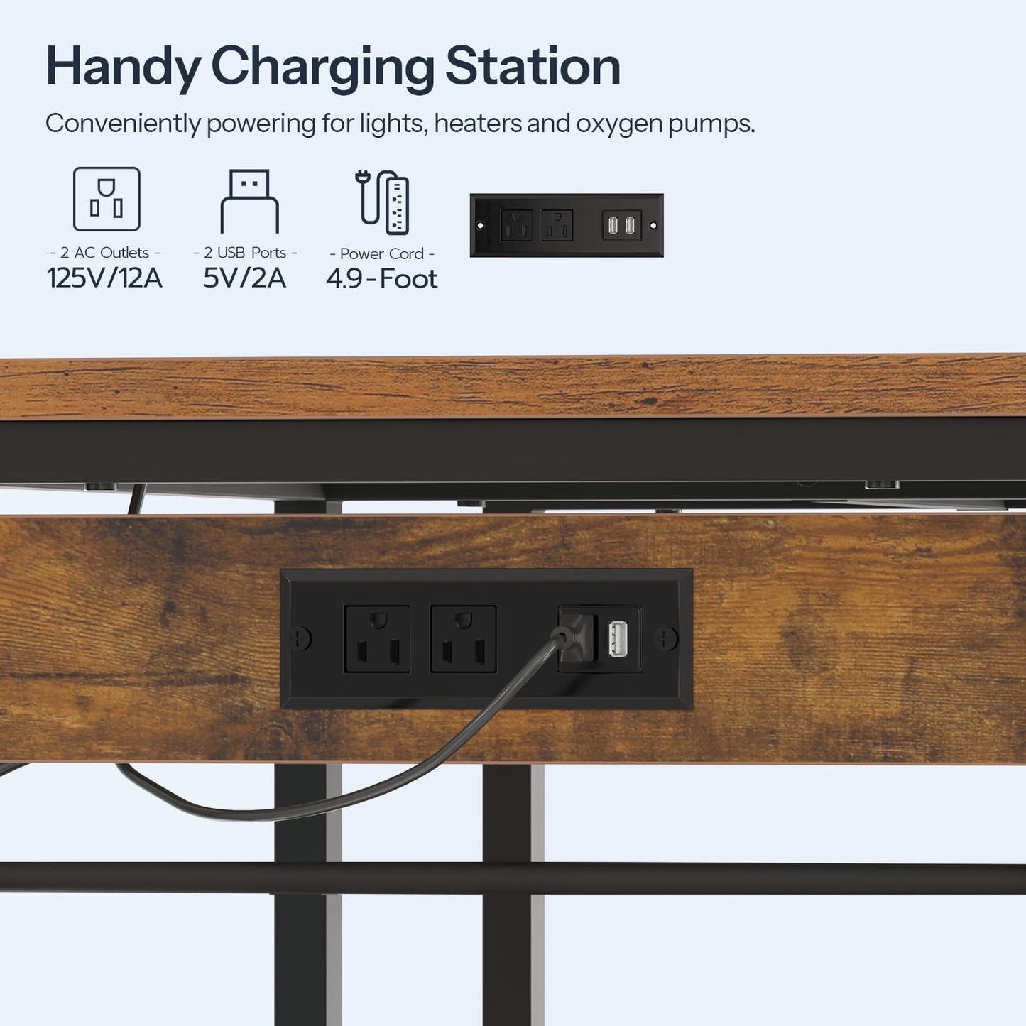 Handy charging station with power outlets and USB ports on a wooden surface.