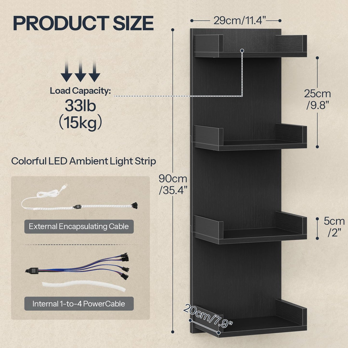 HOOBRO 4-Tier Floating Wall Shelves with LED Lights