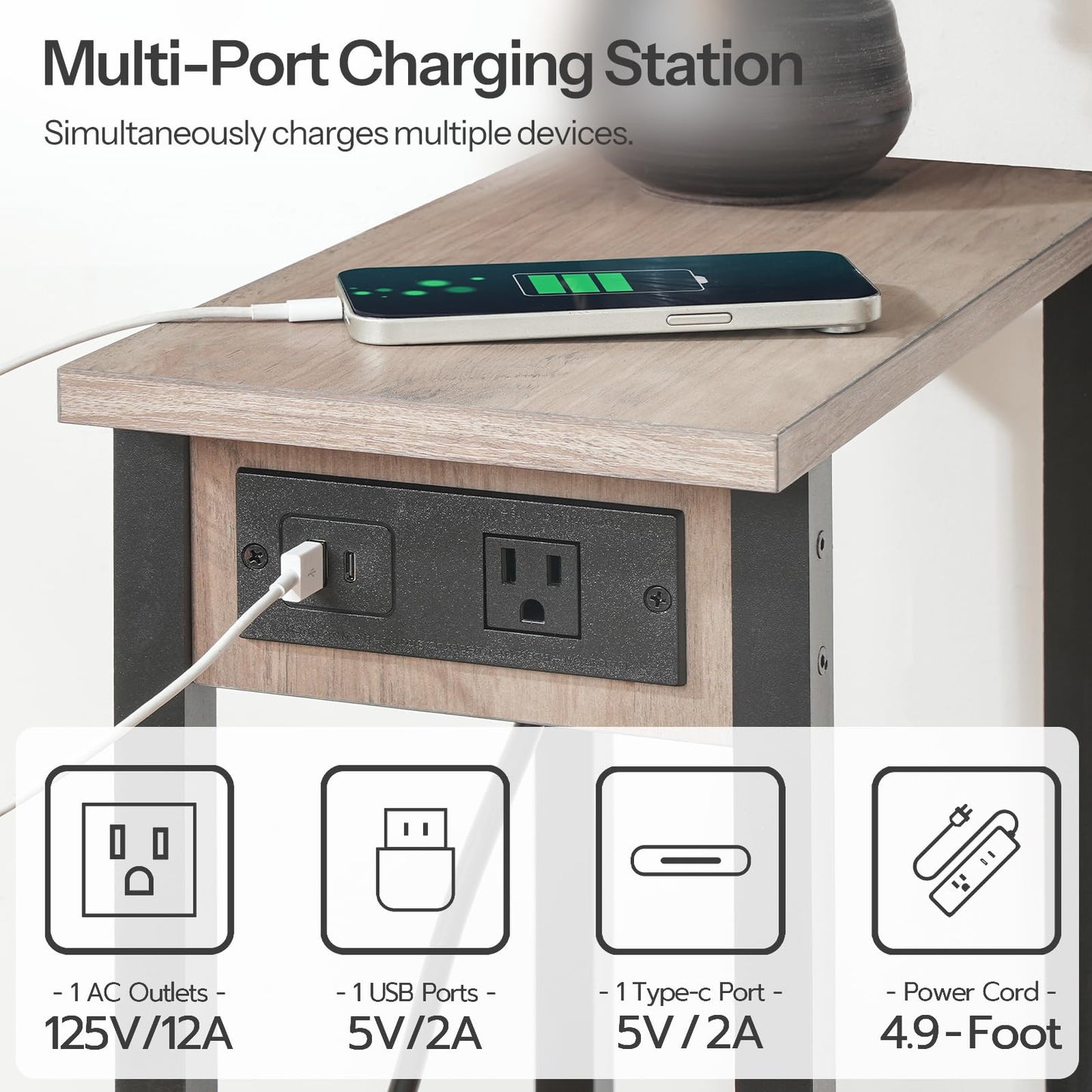 HOOBRO Greige Double-Layer Narrow Side Table with Charging Station & Open Storage