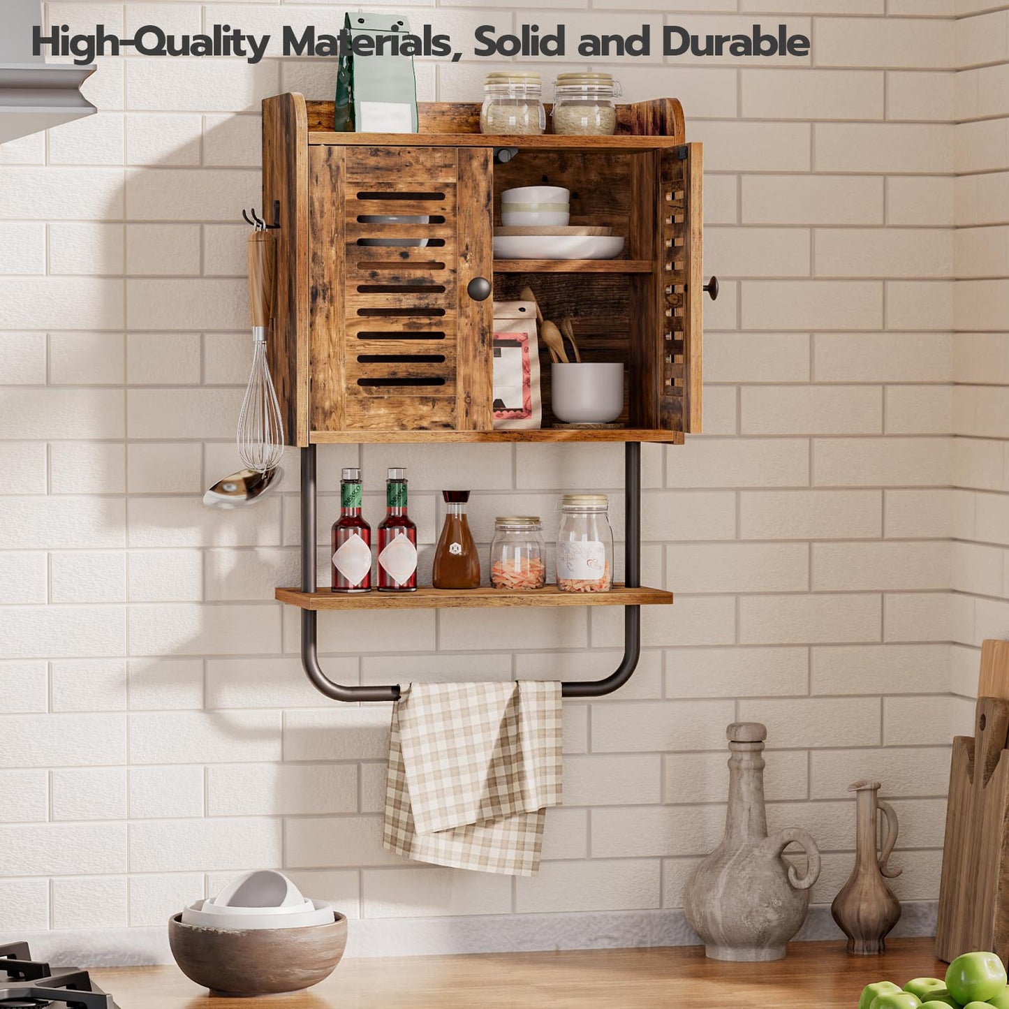 HOOBRO Retro Brown Double Door Bathroom Vanity with Towel Bar & Adjustable Shelf & 2 Hooks