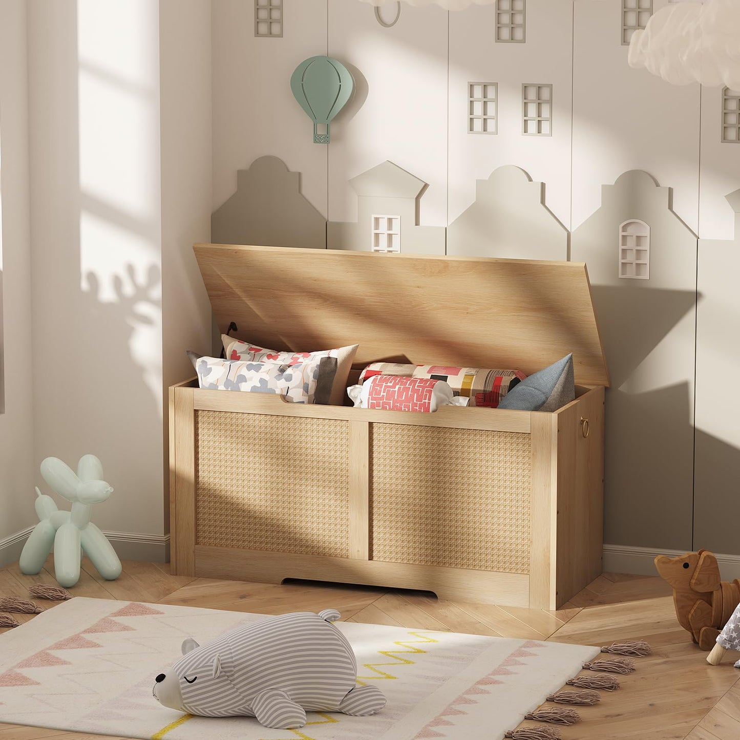 HOOBRO Natural 39.3-inch Wicker Style Storage Bench with Safety Hinges & U-Shaped Opening