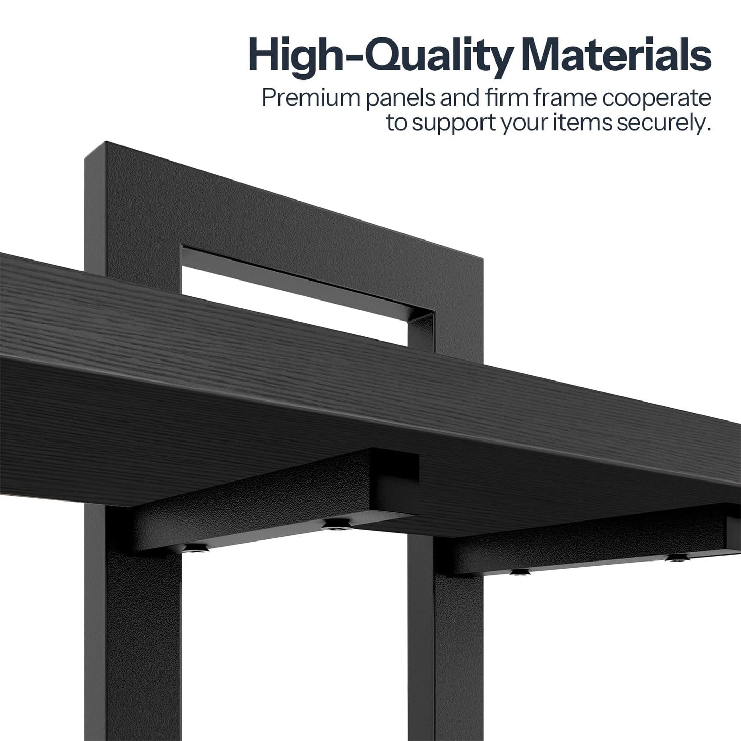 Black metal shelf with text about high-quality materials