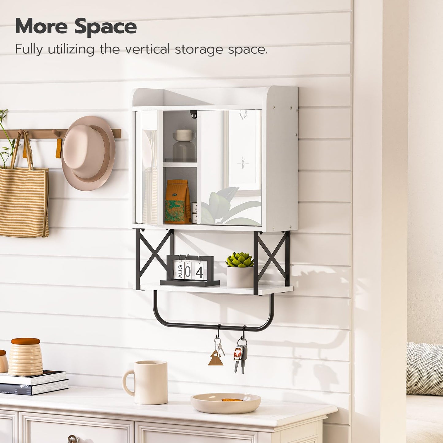 HOOBRO White Double-Mirror Door Removable Shelf Bathroom Vanity with Mirror& Hidden Storage & Towel Bar