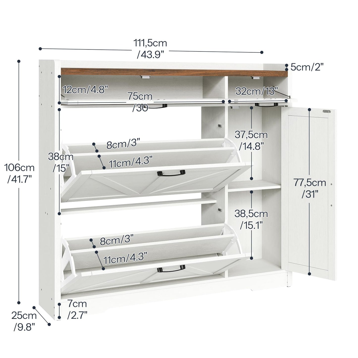HOOBRO Farmhouse Style Shoe Cabinet with 2 Flip-Top Drawers & Adjustable Side Cabinet