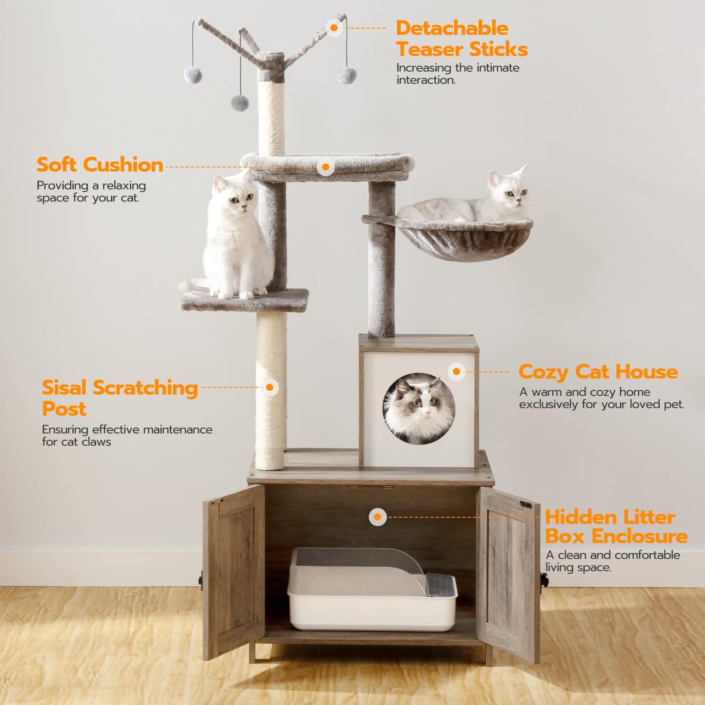 HOOBRO Cat Tree Tower with Litter Box Enclosure Indoor