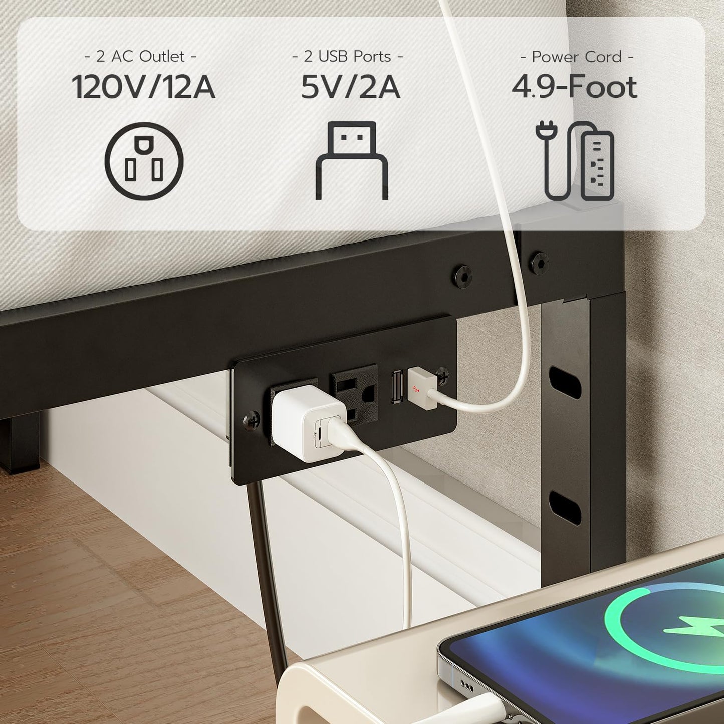 Desk with power outlet and USB ports, connected to a device, on a wooden floor.