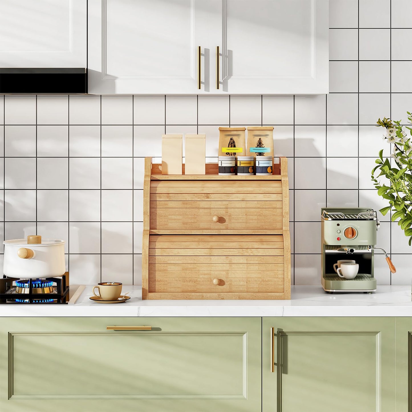 Modern kitchen with white tiled walls, green cabinets, and a wooden shelf.
