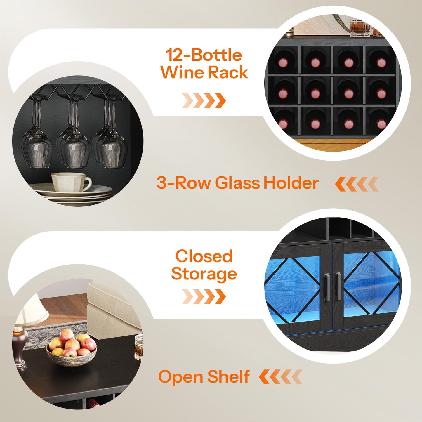 Wine rack with 12 bottles, glass holder, closed storage, and open shelf on a beige background.