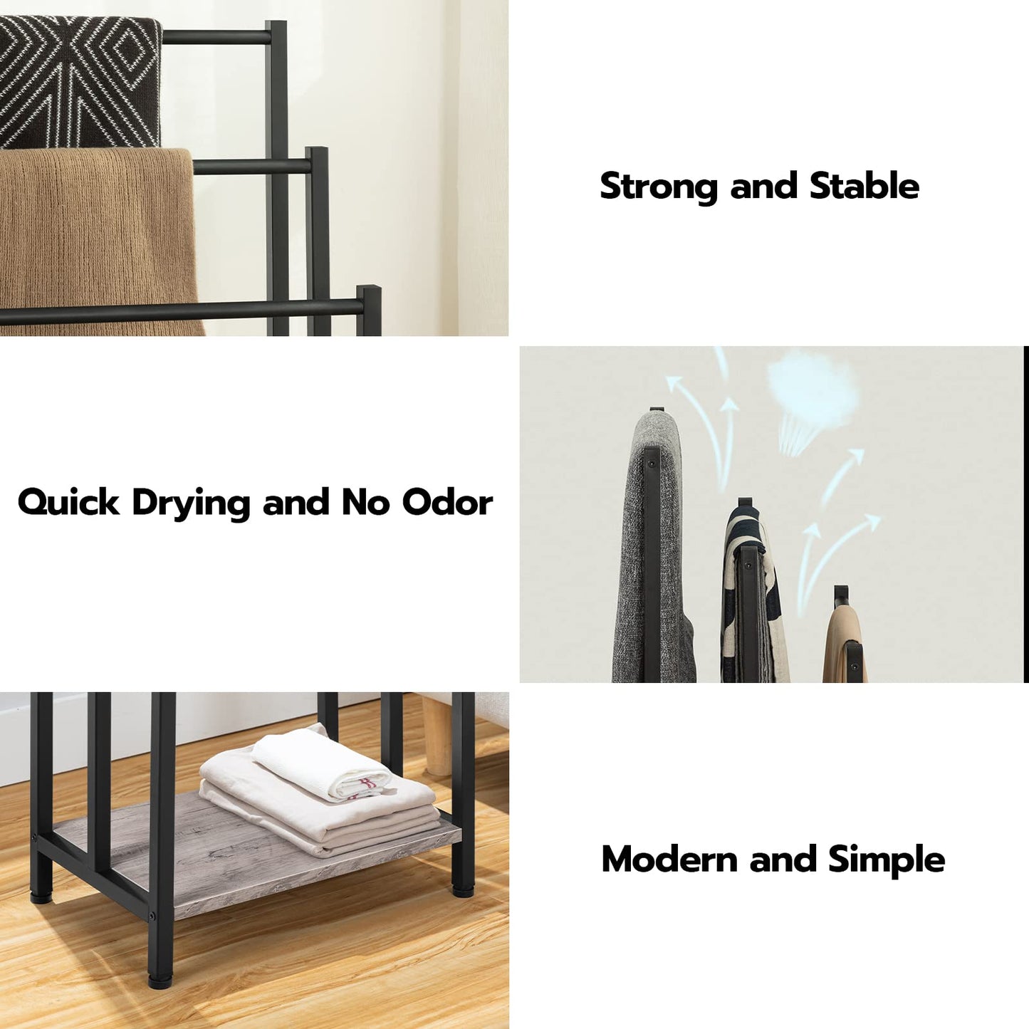 Towel rack with towels, text 'Strong and Stable', 'Quick Drying and No Odor', 'Modern and Simple' on a white background.