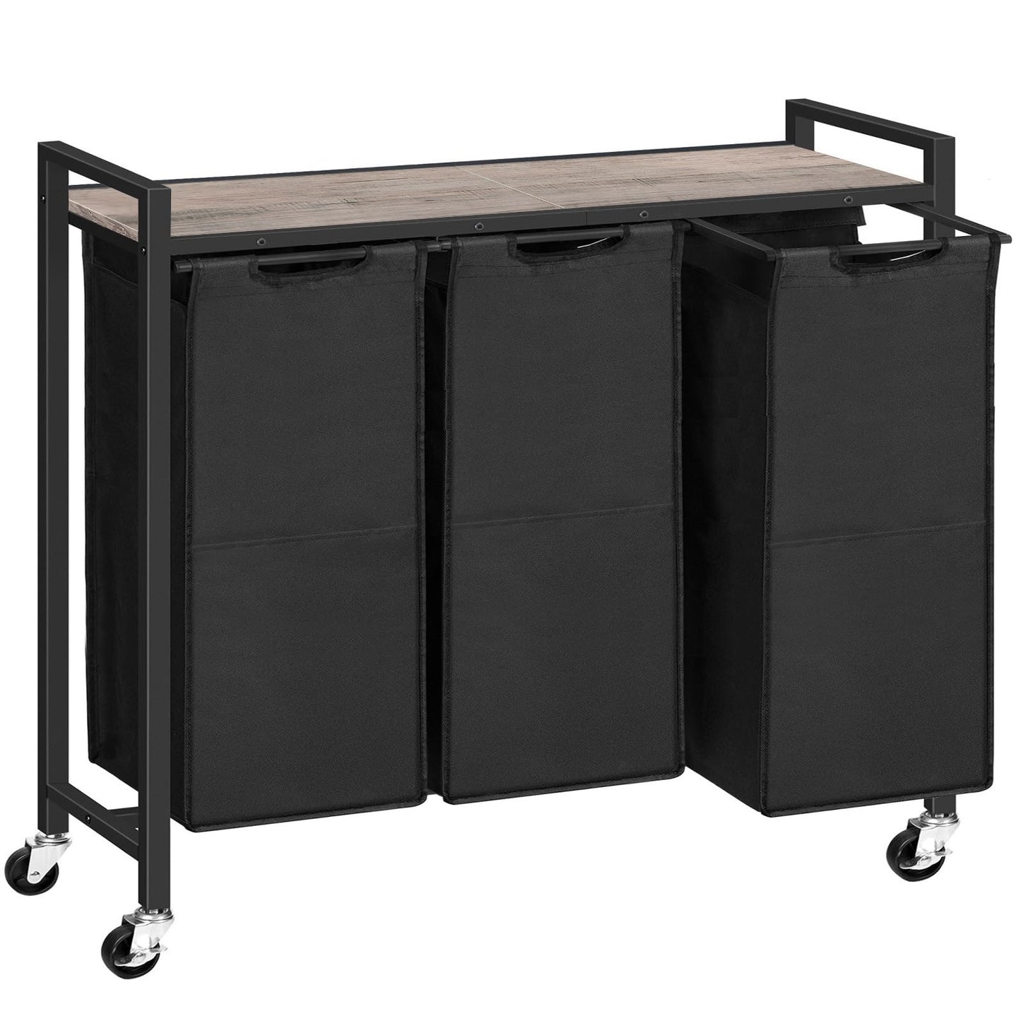 Black laundry sorting cart with three compartments on a white background