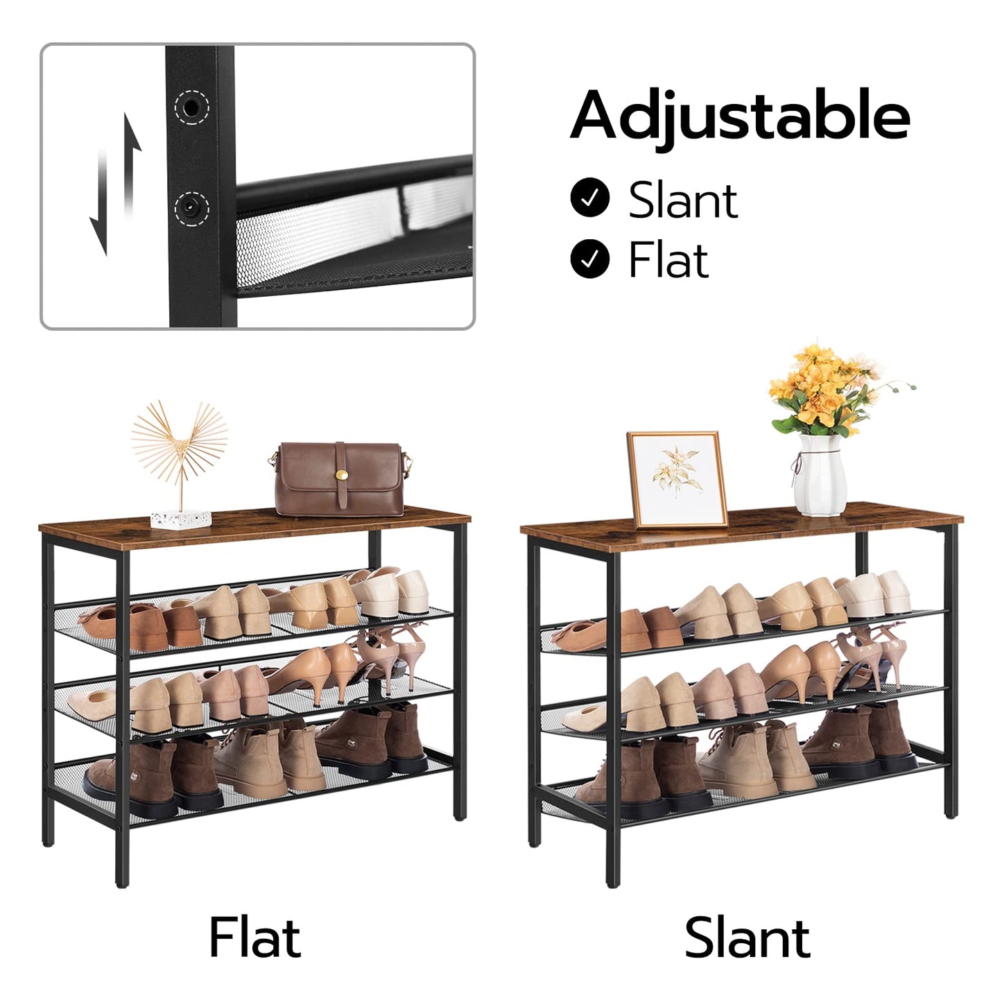 Two shoe racks with adjustable slant feature, displaying shoes and decorative items.