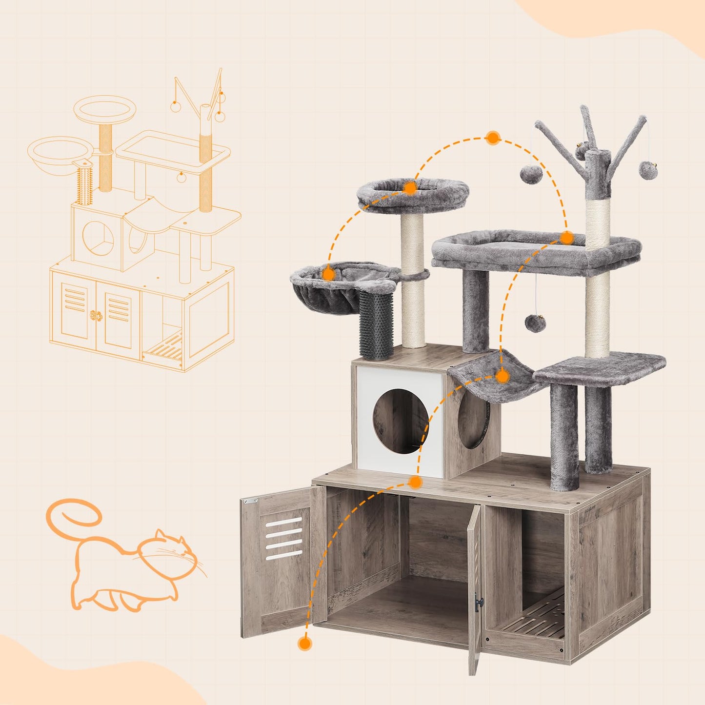 HOOBRO Large Hidden Litter Box Cat Tree with Scratching Posts