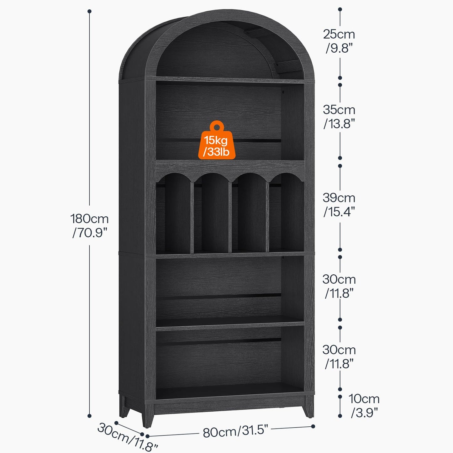 HOOBRO Black 70.9-inch 5-Tier High Arched Bookshelf with Open Shelf Style & Storage