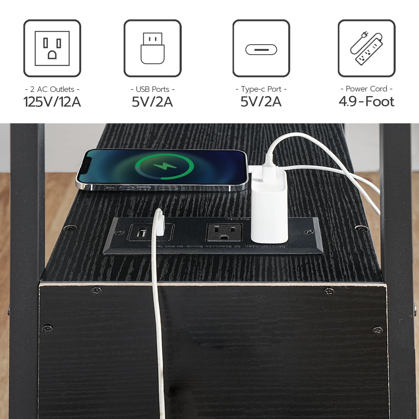 Power strip with multiple outlets and ports, including a smartphone charging on top.