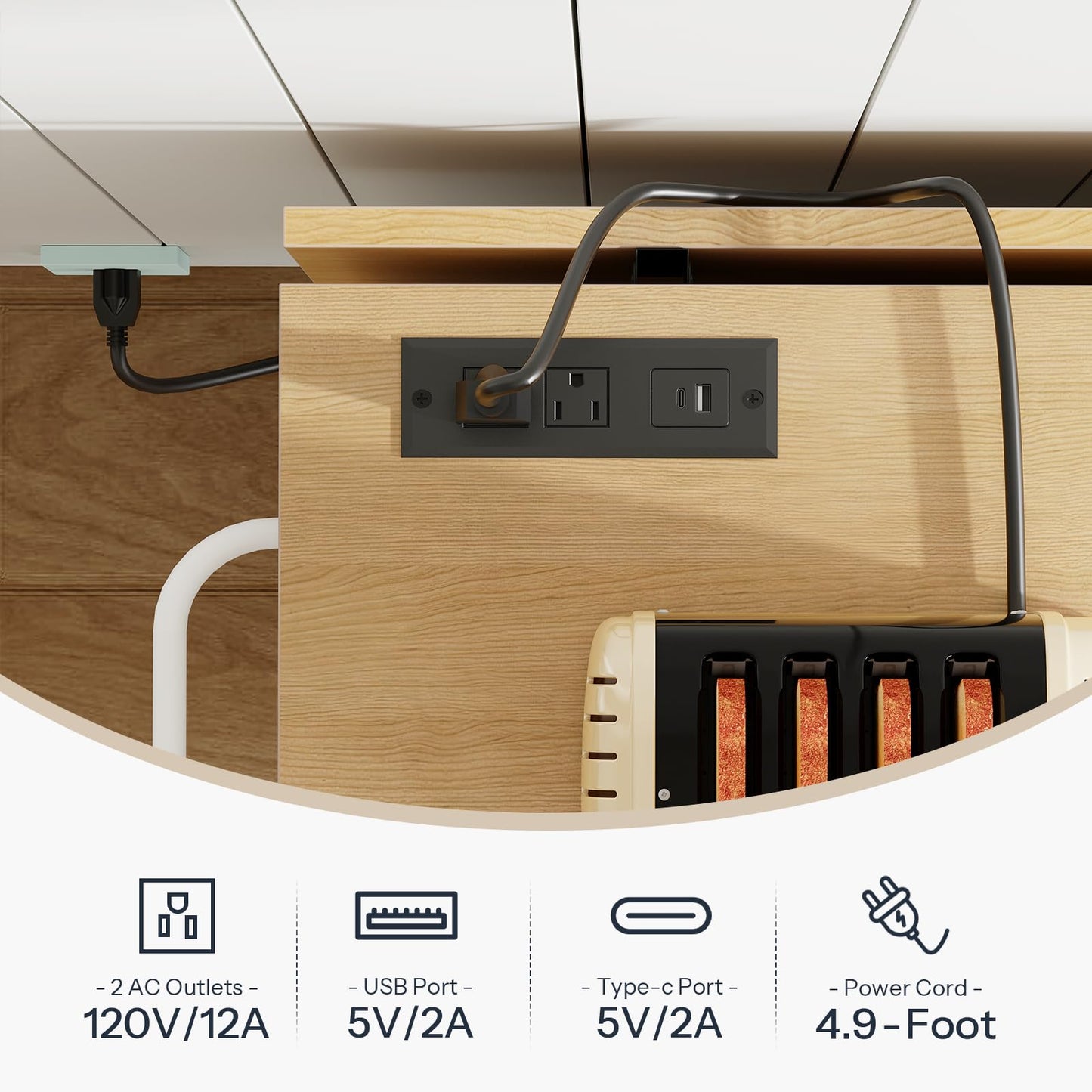 Wooden power strip with multiple outlets and ports on a white background