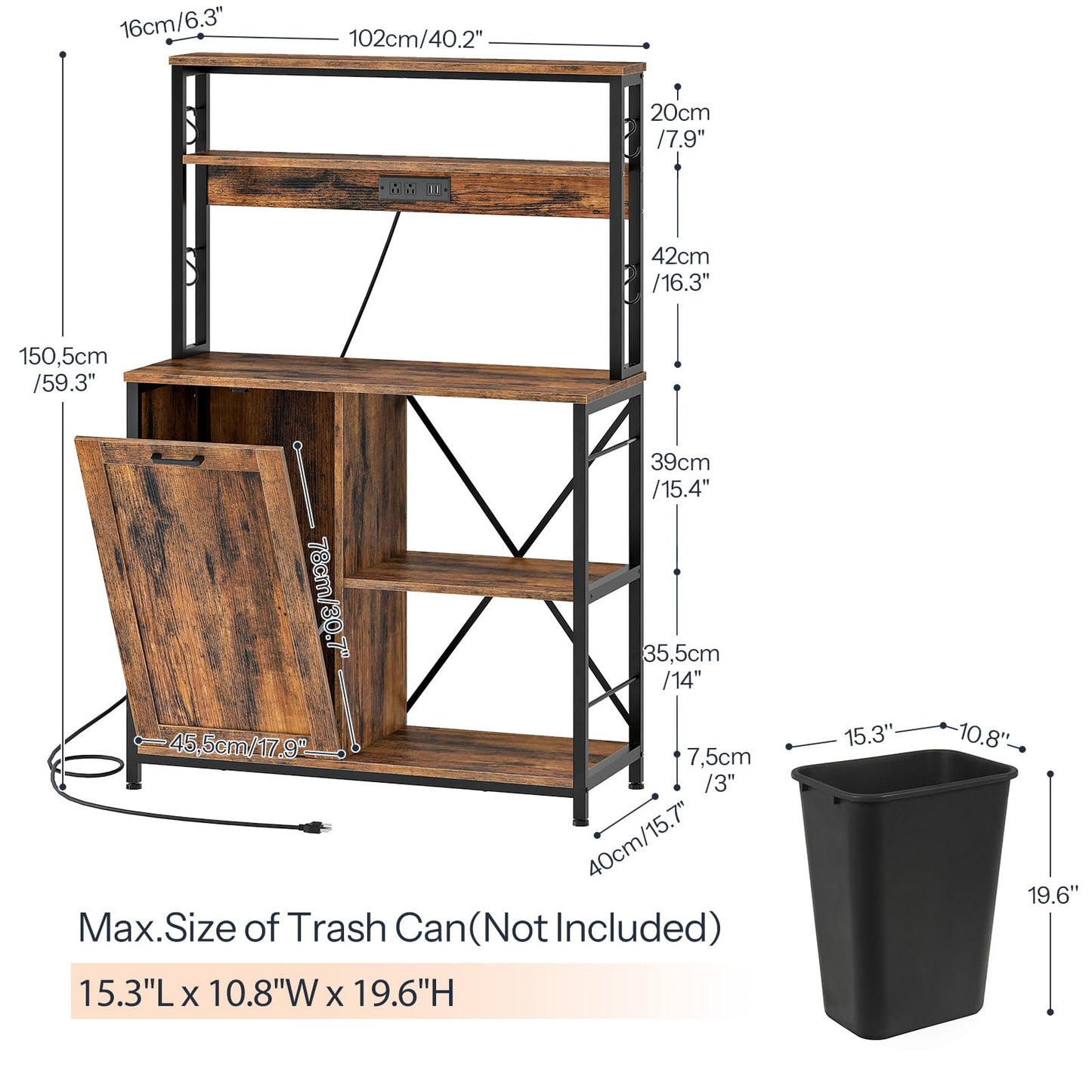 HOOBRO 5-Tier Bakers Rack Microwave Stand with Trash Can Bin Cabinet & Power Outlet