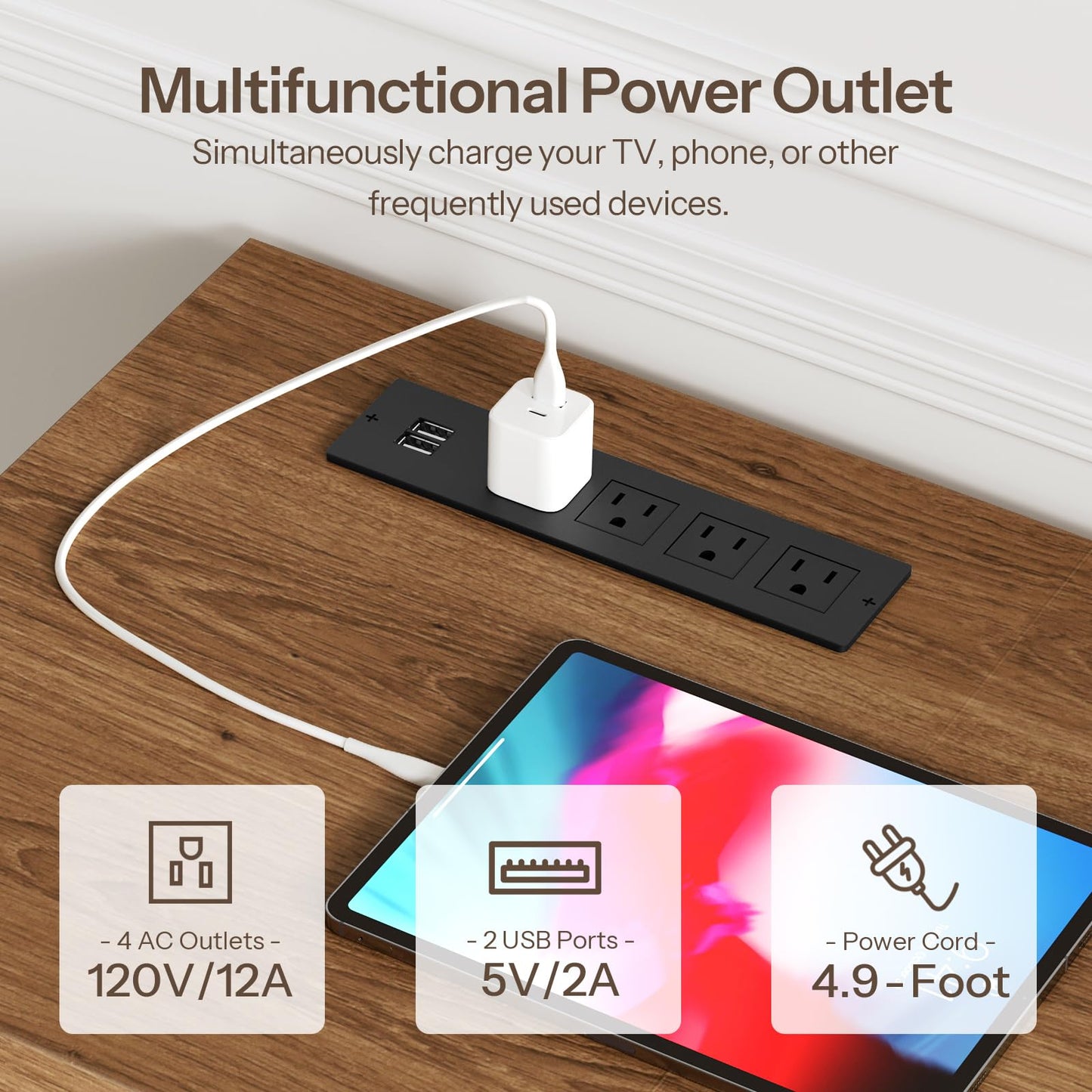 Multifunctional power outlet with charging devices on a wooden surface