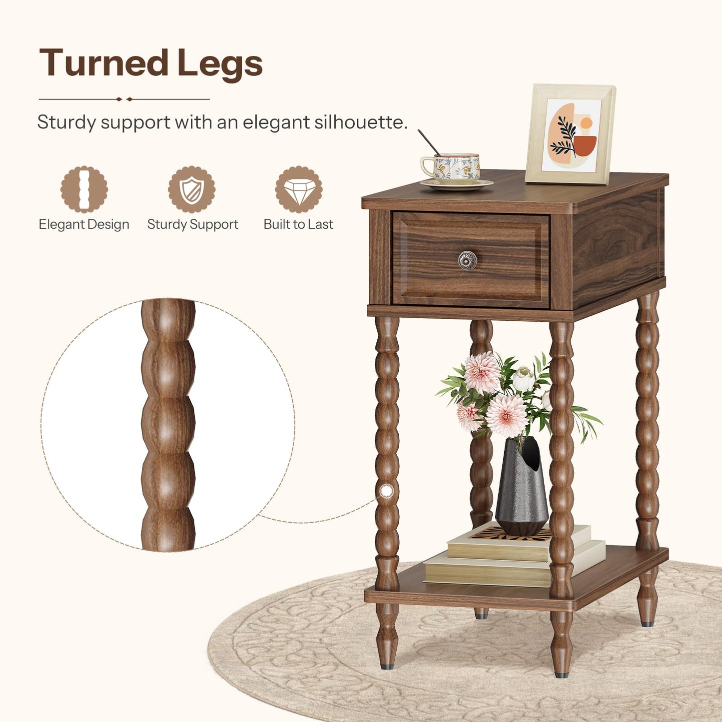 HOOBRO Narrow Side Table with Drawer, Solid Wood Legs Nightstand, for Home