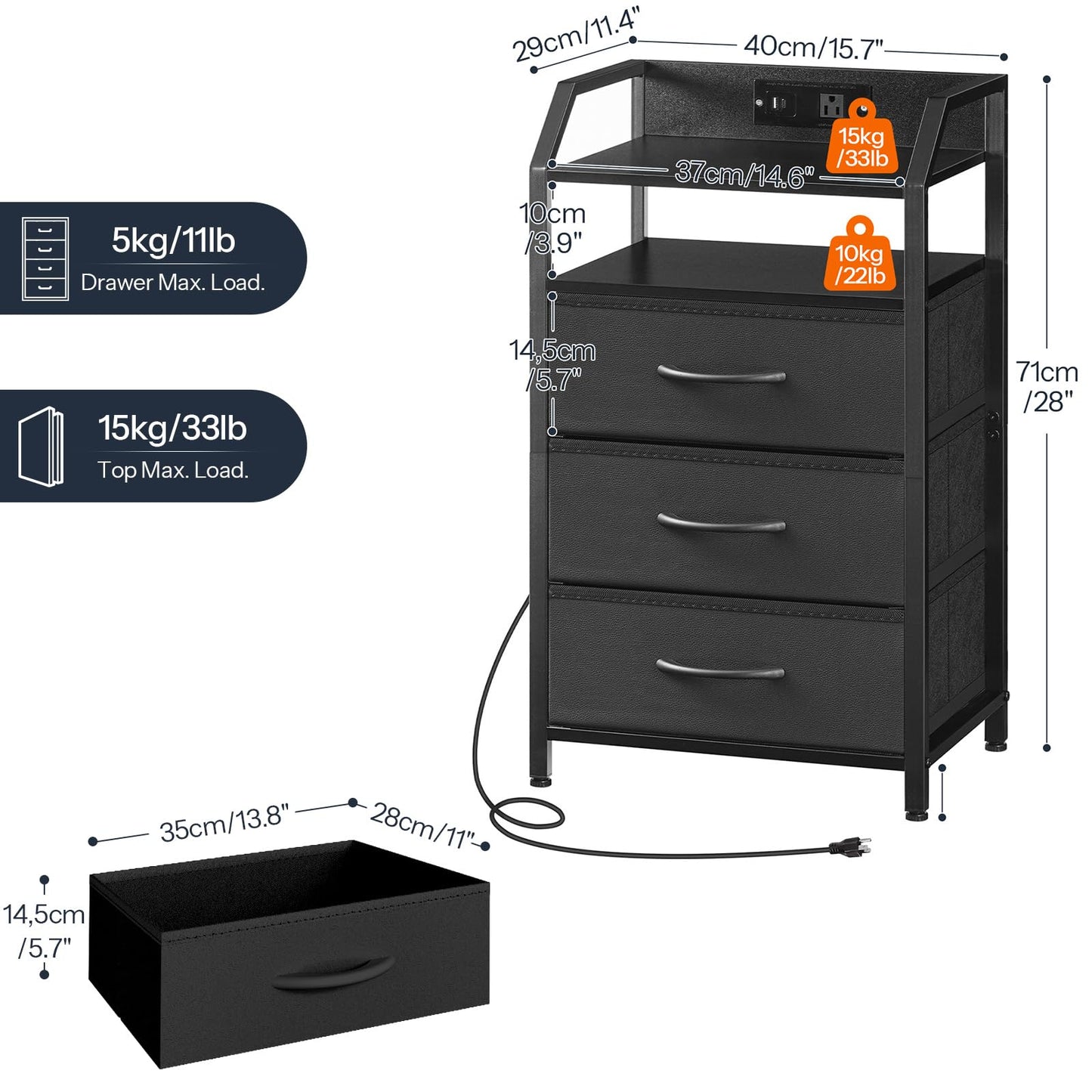 HOOBRO Black Bedside Table with Charging Station: Features 1 AC power outlet & 1 USB port & 1 Type-C port & LED light strip