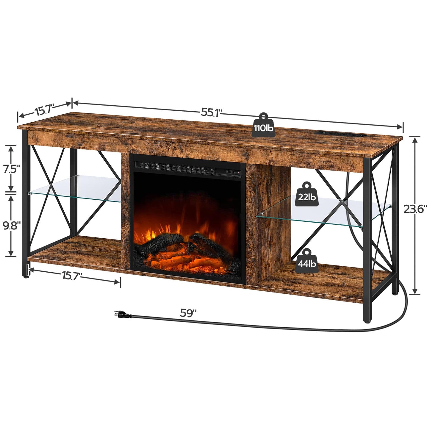HOOBRO Vintage Brown Glass Shelf Fireplace TV Stand with Charging Station & LED Lights
