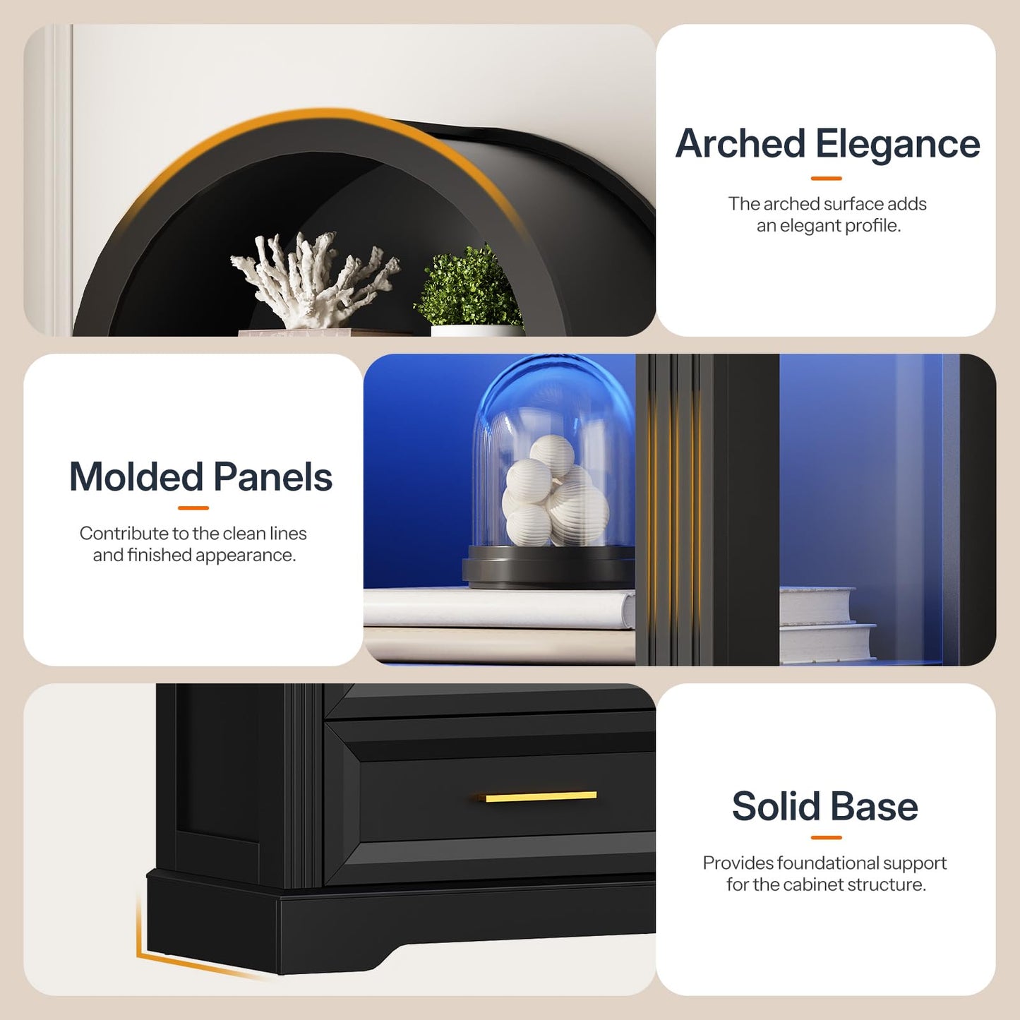 Black cabinet with arch, molded panels, and solid base on a beige background