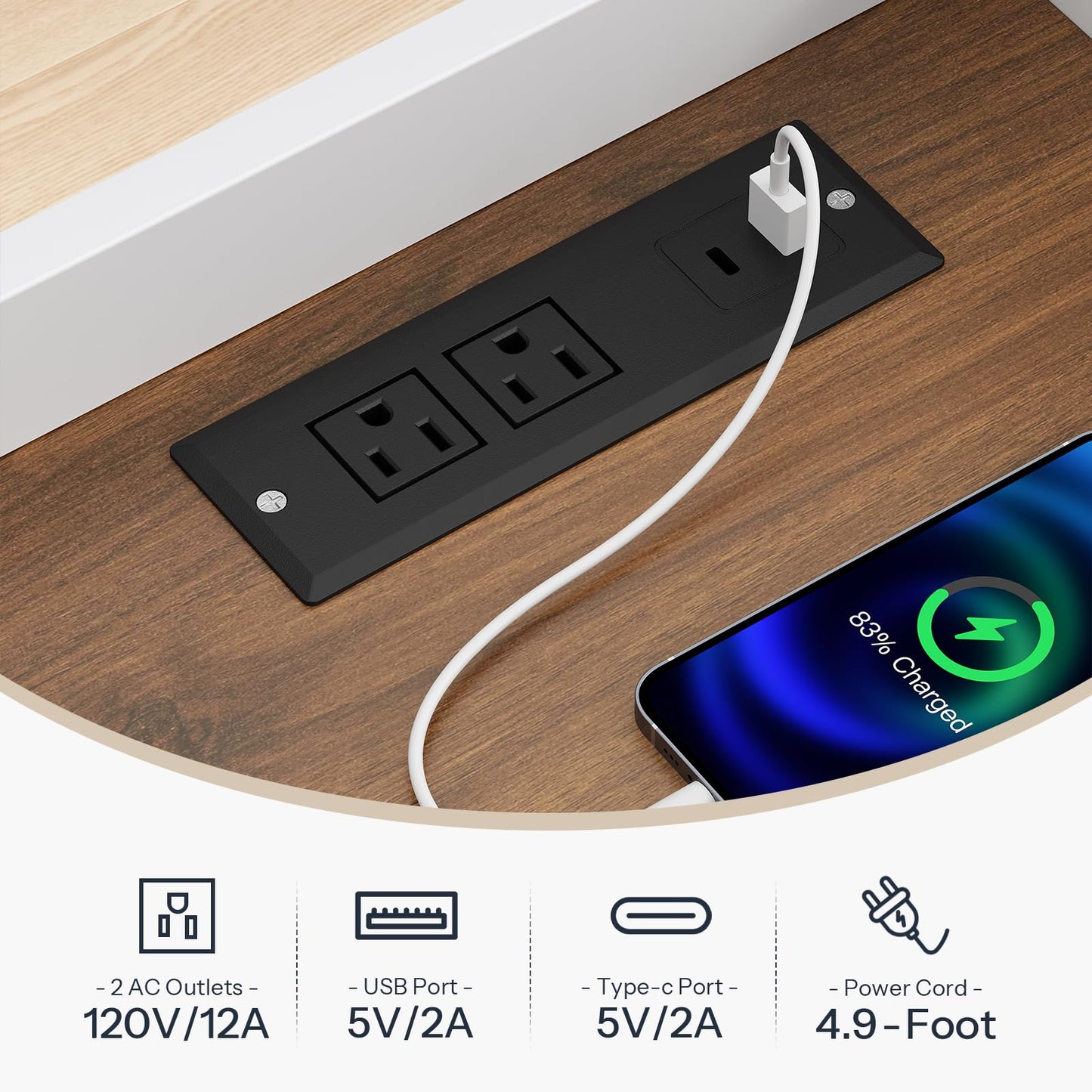 Power outlet with cable connected to a smartphone on a wooden surface