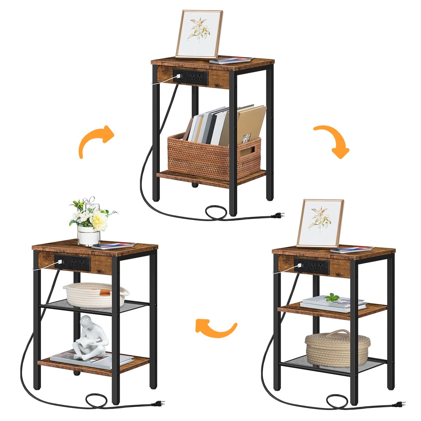 HOOBRO 3-Tier Side Table with Charging Station & USB Port
