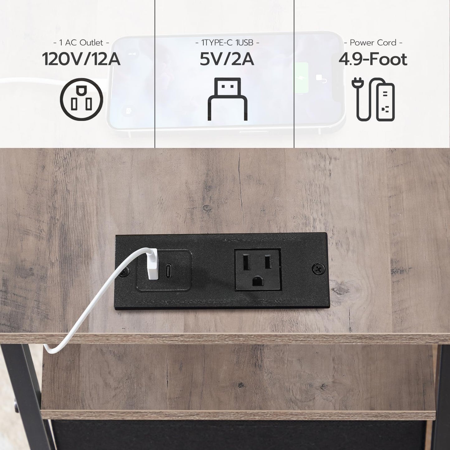 HOOBRO End Table with Charging Station, Narrow Side Table, Nightstand with 2 Non-Woven Drawers, Slim Sofa Side Table, for Small Spaces, Living Room, Bedroom, Greige and Black BG486UBZ01