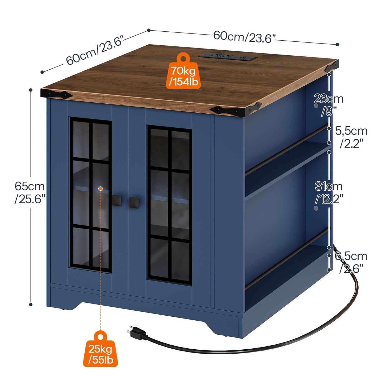 HOOBRO Blue Farmhouse Style 23.6-inch Large Side Table with Charging Station & Side Shelf