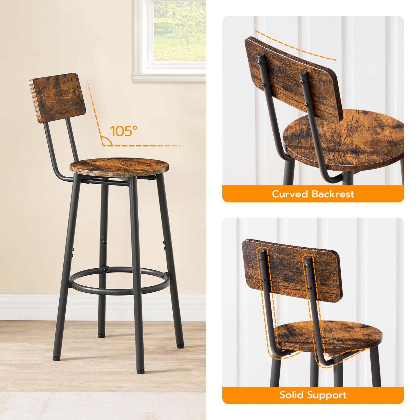 HOOBRO Round Bar Stools with Backrest / 2PICS