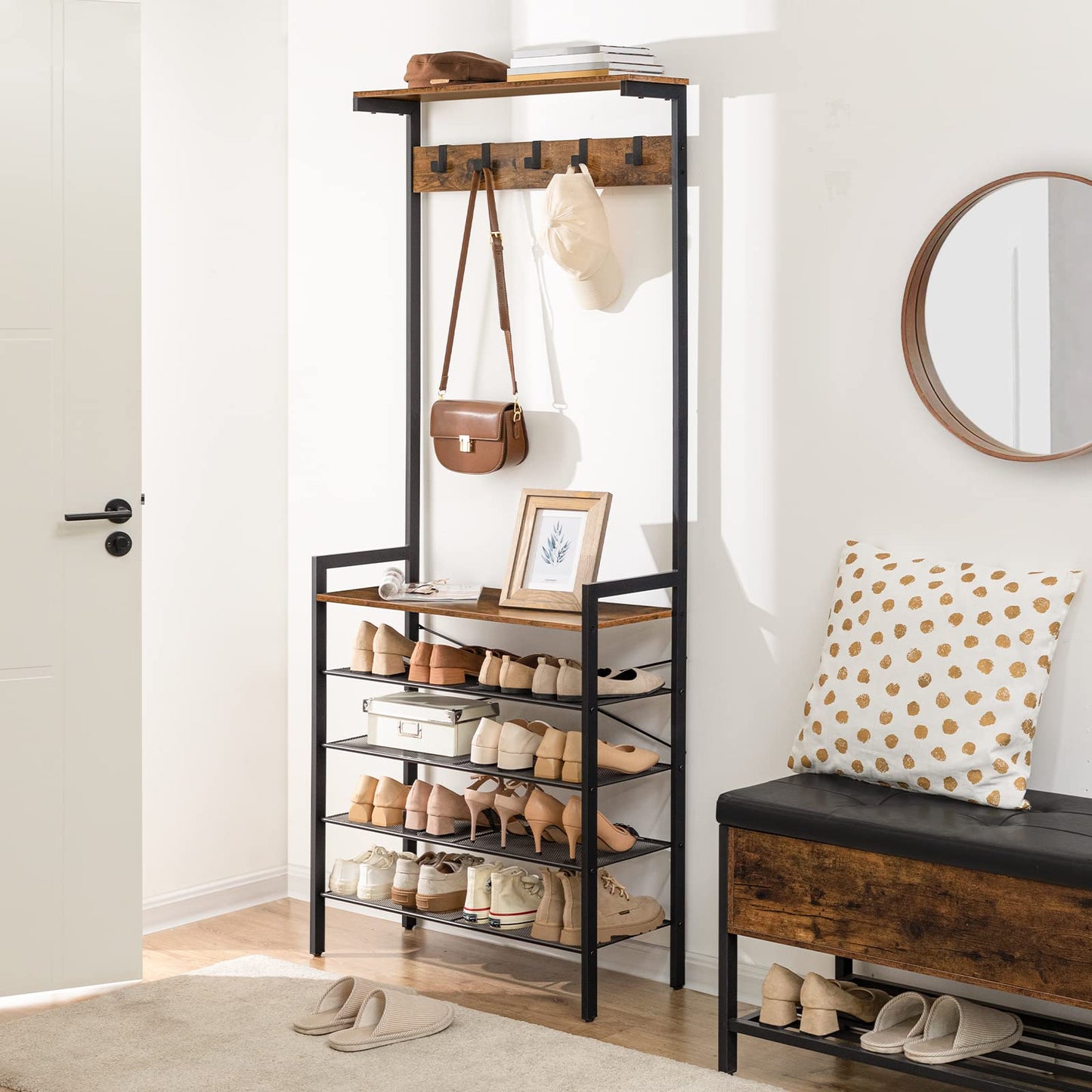 HOOBRO Retro Brown Industrial Style Five-Tier Hallway Coat Rack with Shoe Storage & Bench & 5 Hooks