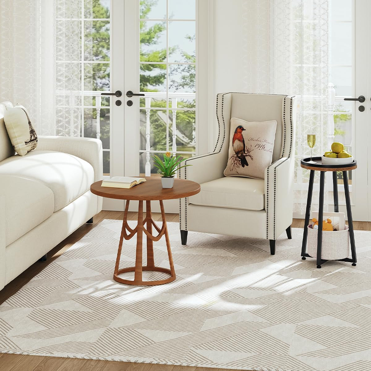 Living room with white sofa, armchair, and decorative items.