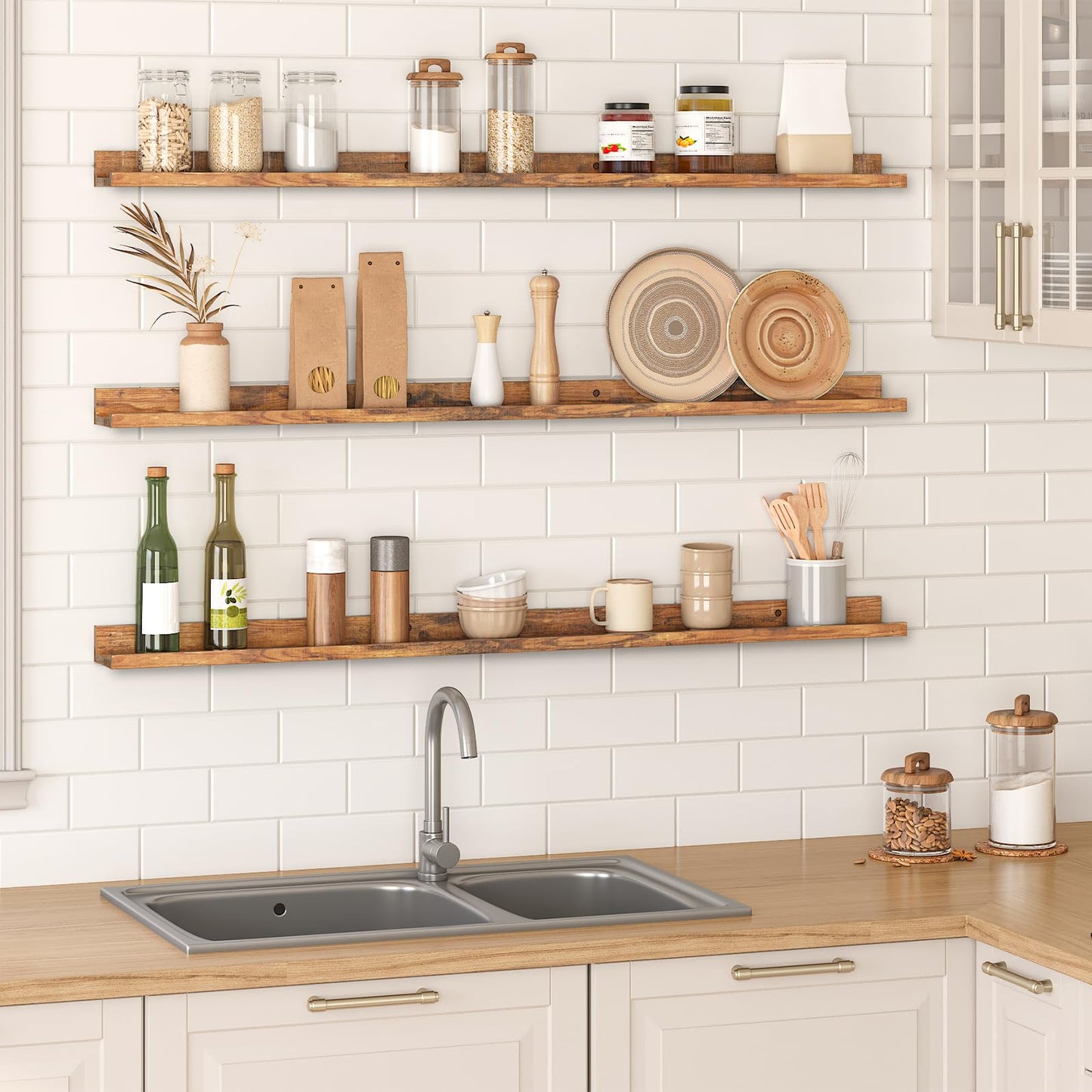 HOOBRO Retro Brown 47.2-inch Floating Shelf with Raised Edges & Concealed Brackets /3PICS