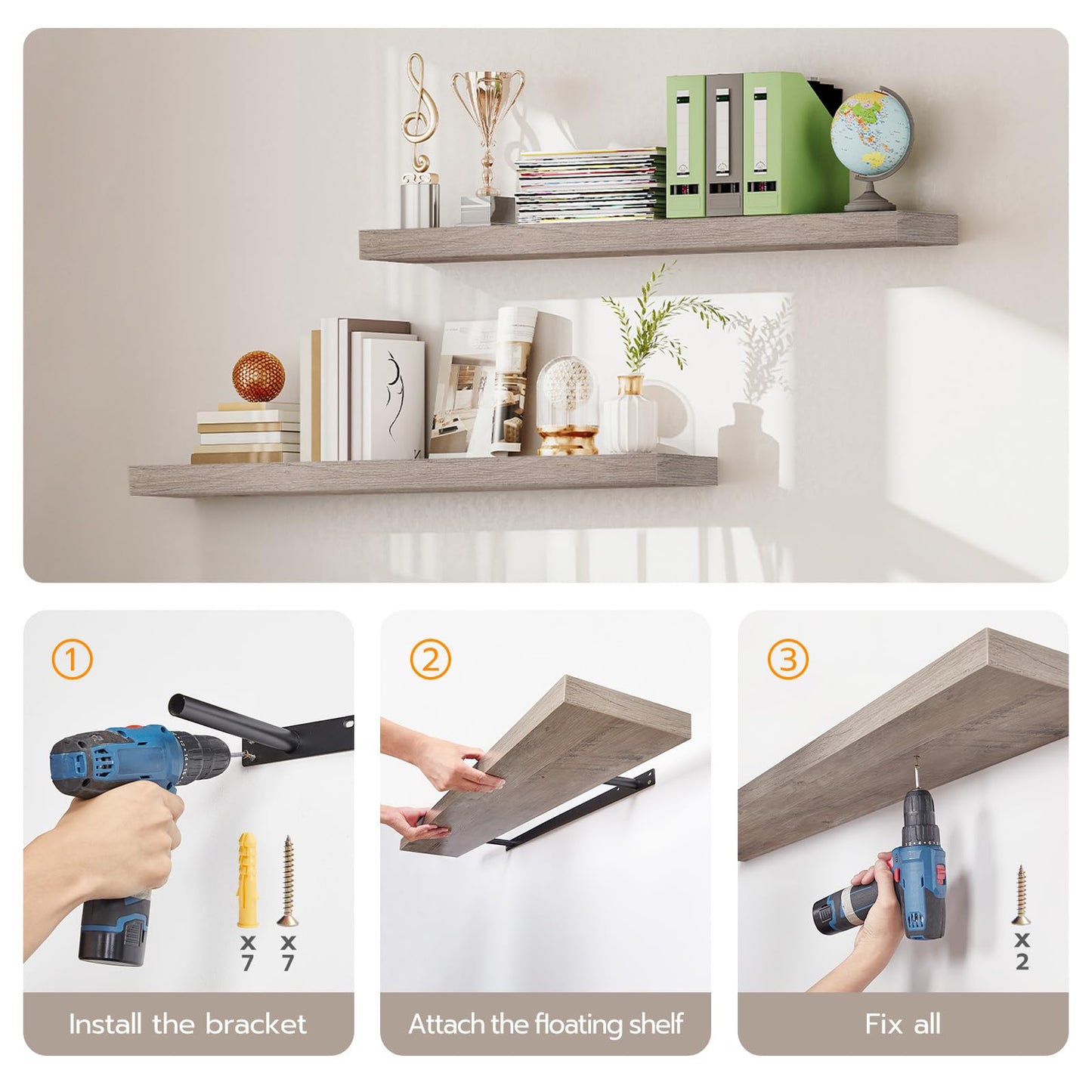 Step-by-step guide to installing a floating shelf with tools and components.
