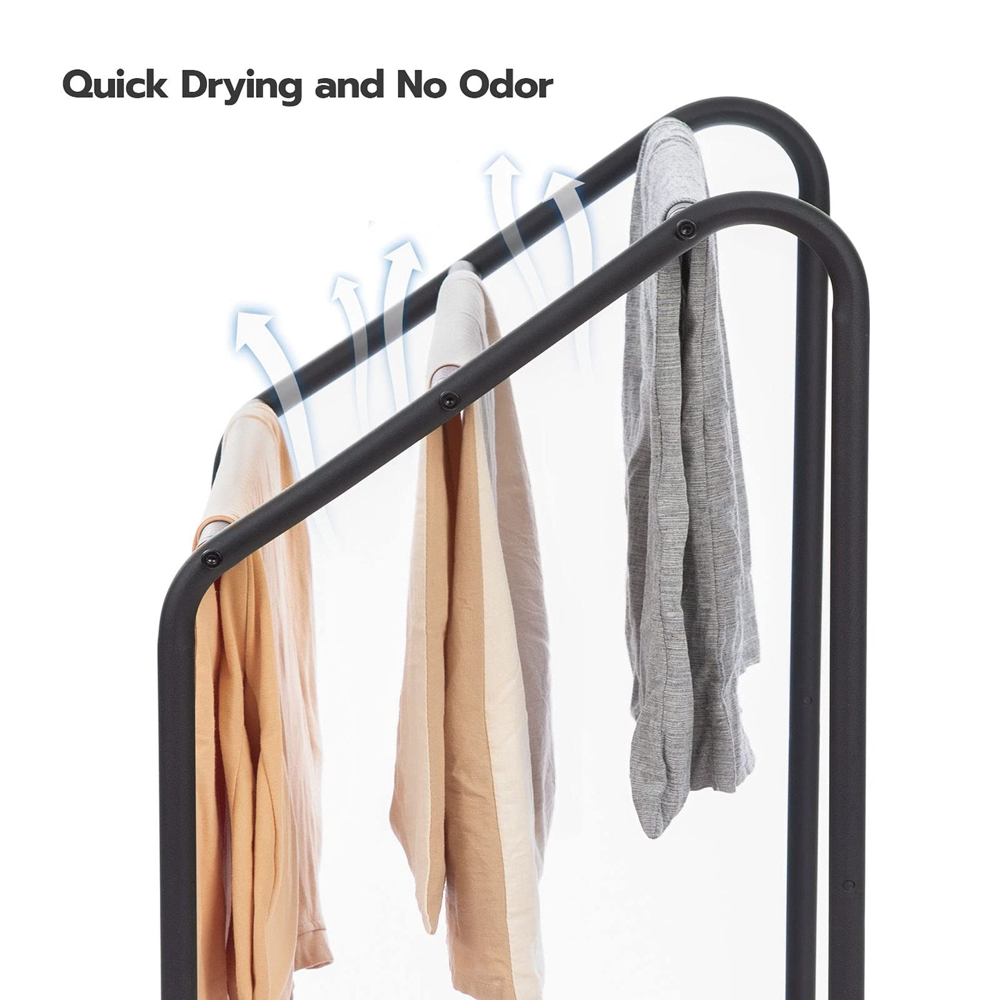 Clothes drying on a rack with text 'Quick Drying and No Odor' on a white background