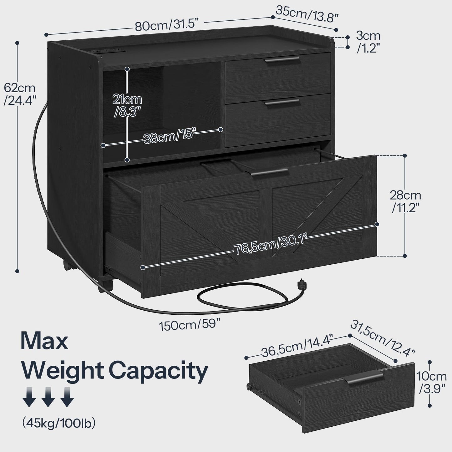HOOBRO Wooden Lateral File Cabinet with Charging Station
