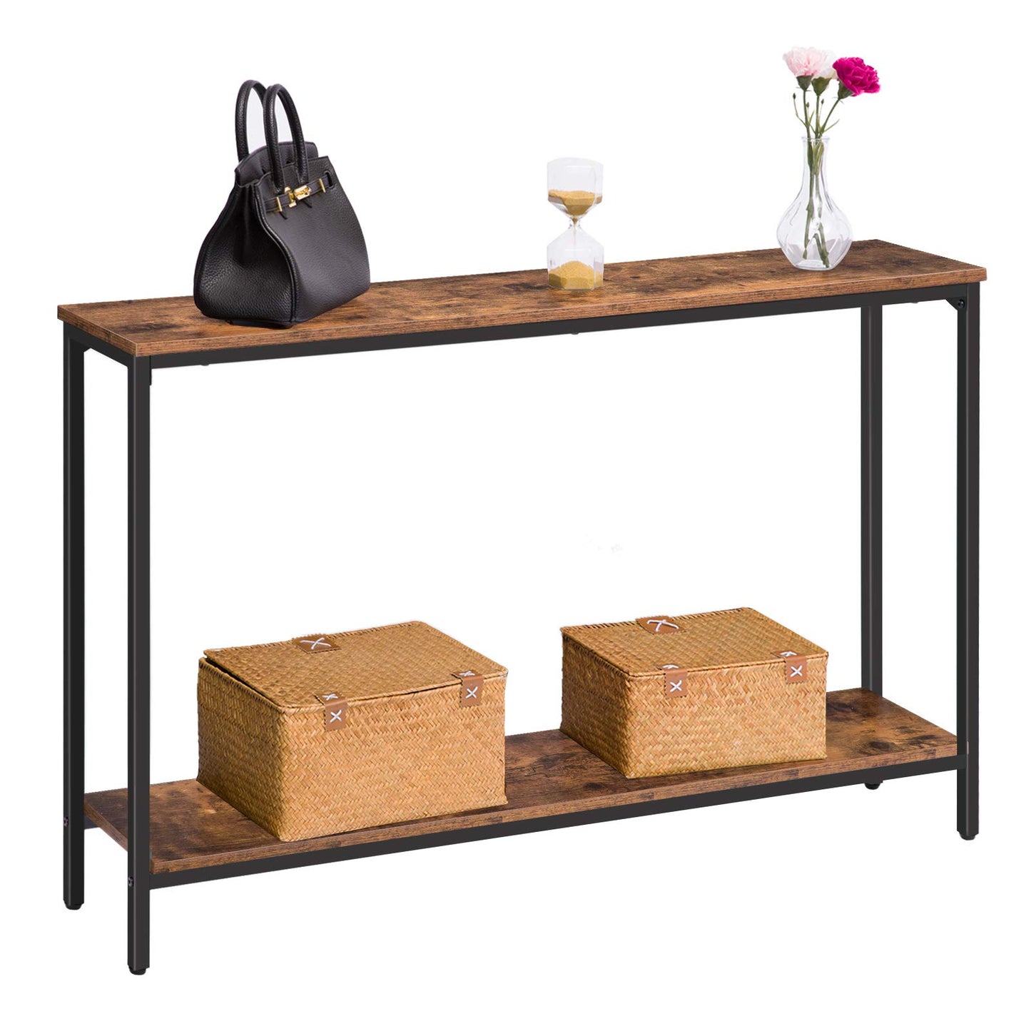 Console table with wicker baskets, black handbag, and glass of wine on a white background