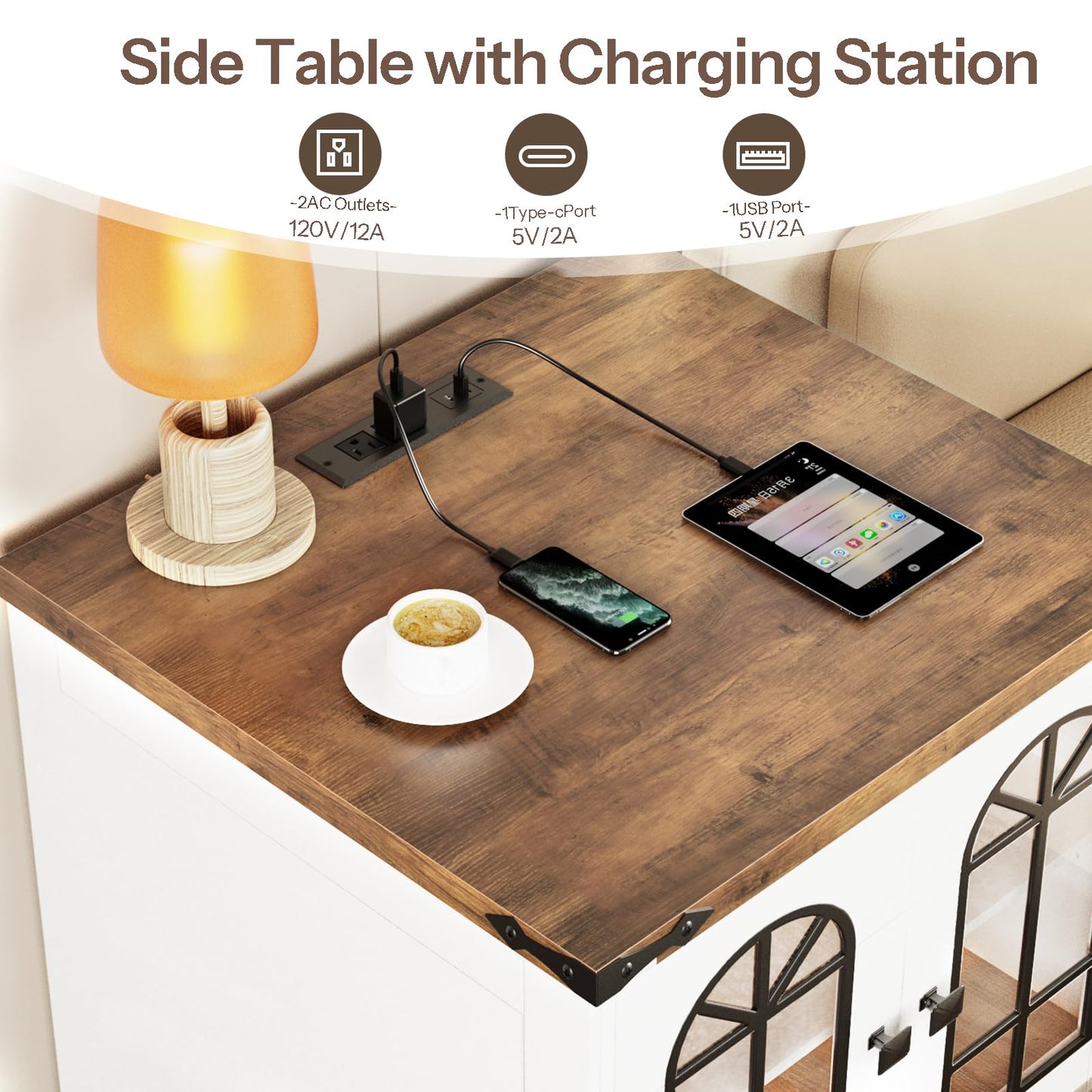 HOOBRO Farmhouse End Table & Nightstand with Charging Station & LED Lights