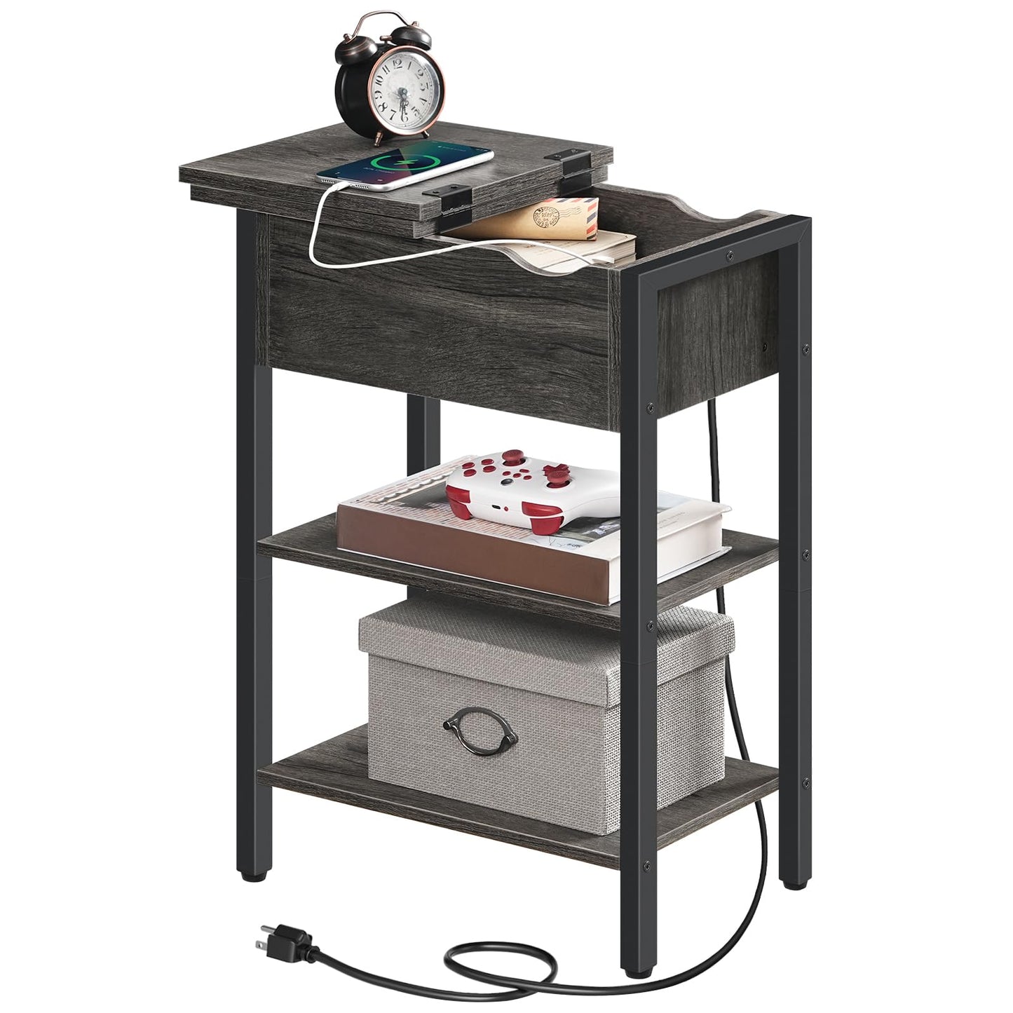 HOOBRO End Table with Charging Station, Narrow Side Table, Flip Top Nightstand with USB Ports and Outlets, Bedside Tables with Shelf for Small Spaces, Living Room, Charcoal Black BC341BZ01