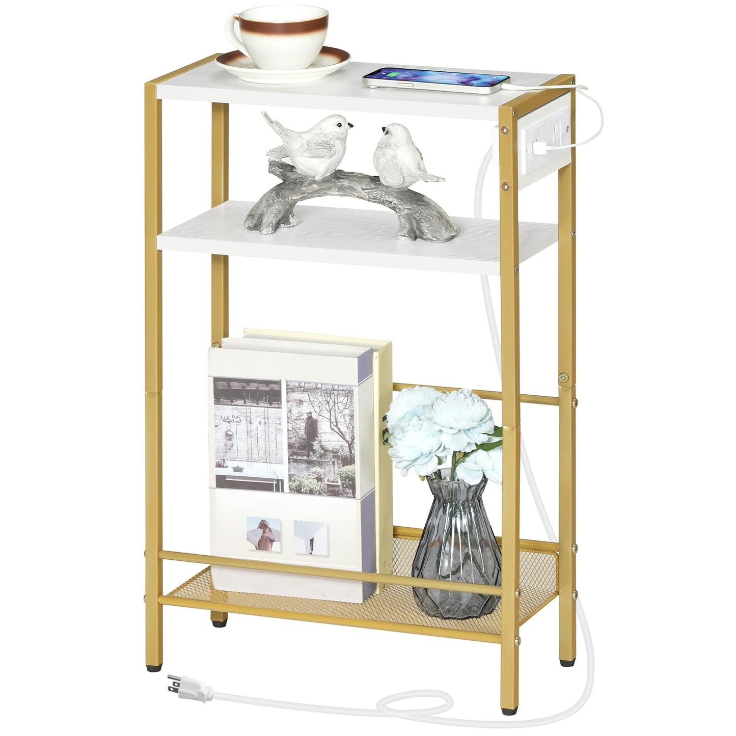 HOOBRO Small Narrow Side Table with Charging Station & USB Port