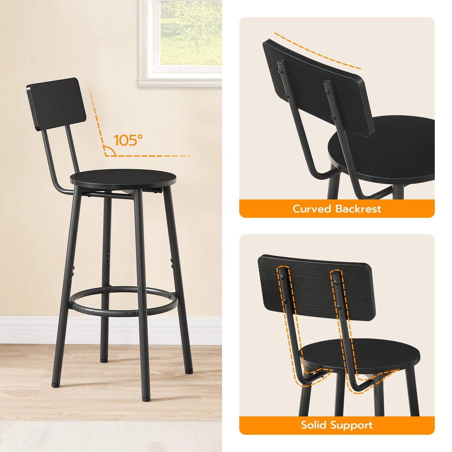 Black bar stool with curved backrest and solid support features on a beige background.