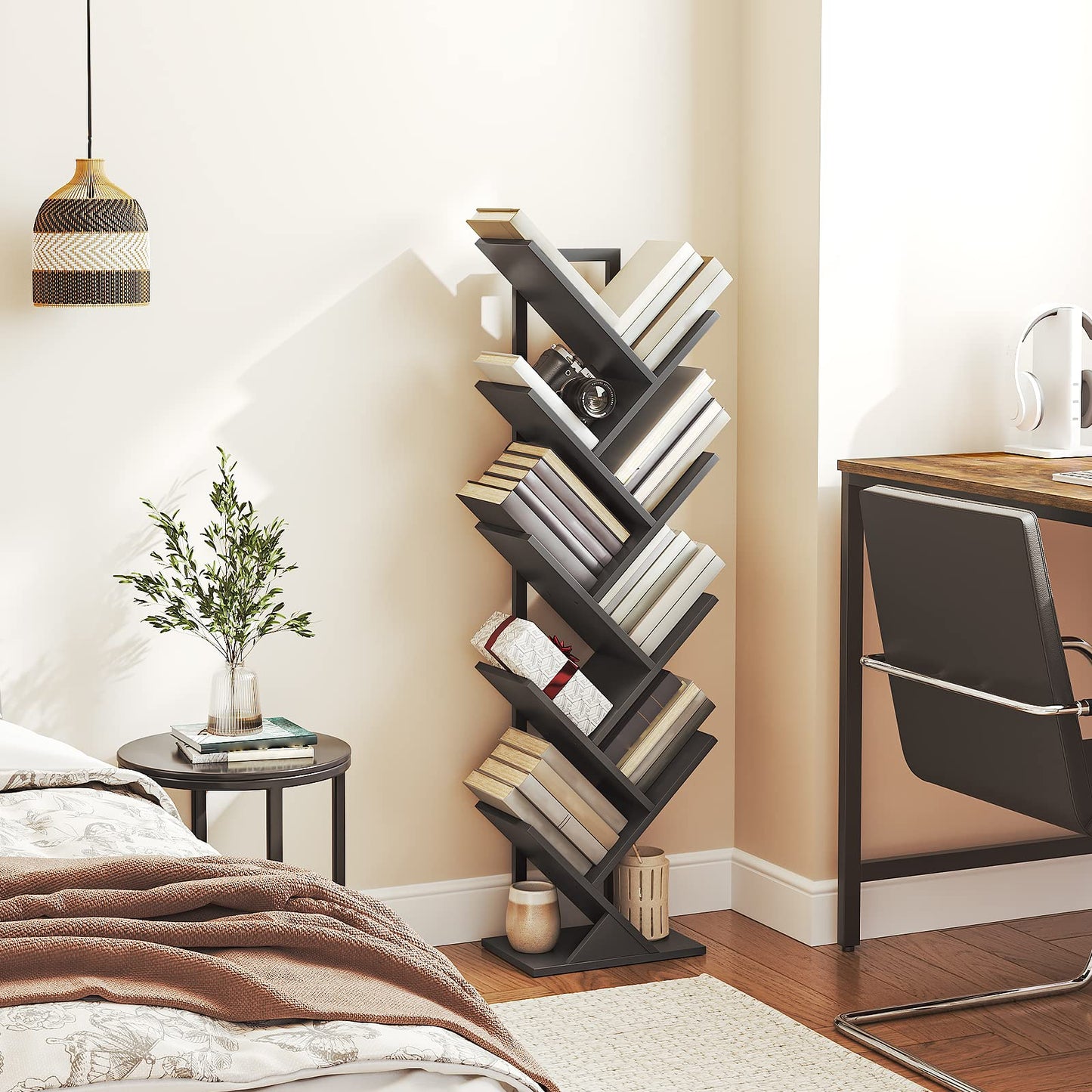 HOOBRO Black 9-Tier Floor-Standing Tree-Shaped Wooden Bookshelf