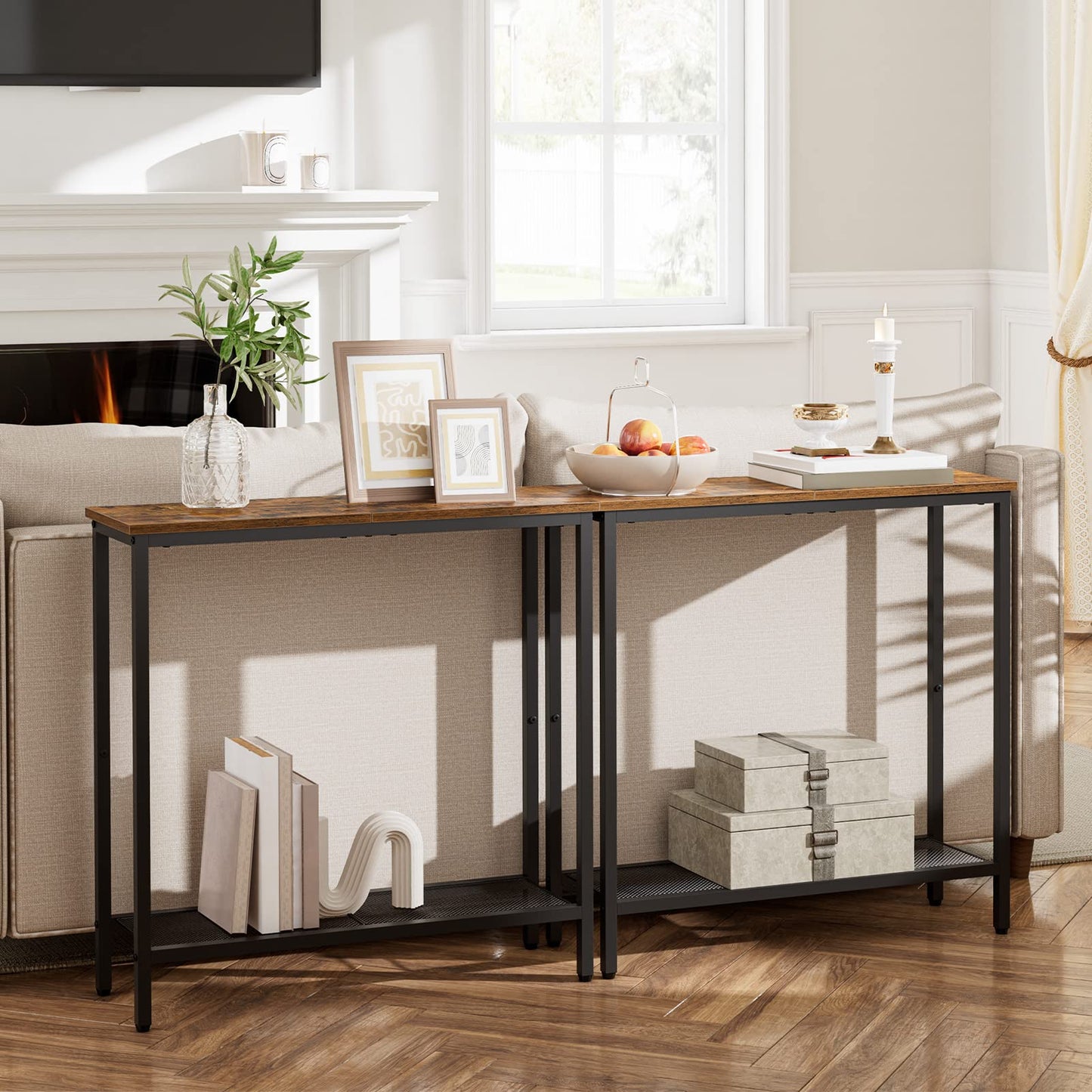 HOOBRO Retro Brown 29.5-inch Double-Layer Narrow Entryway Table with Shelves