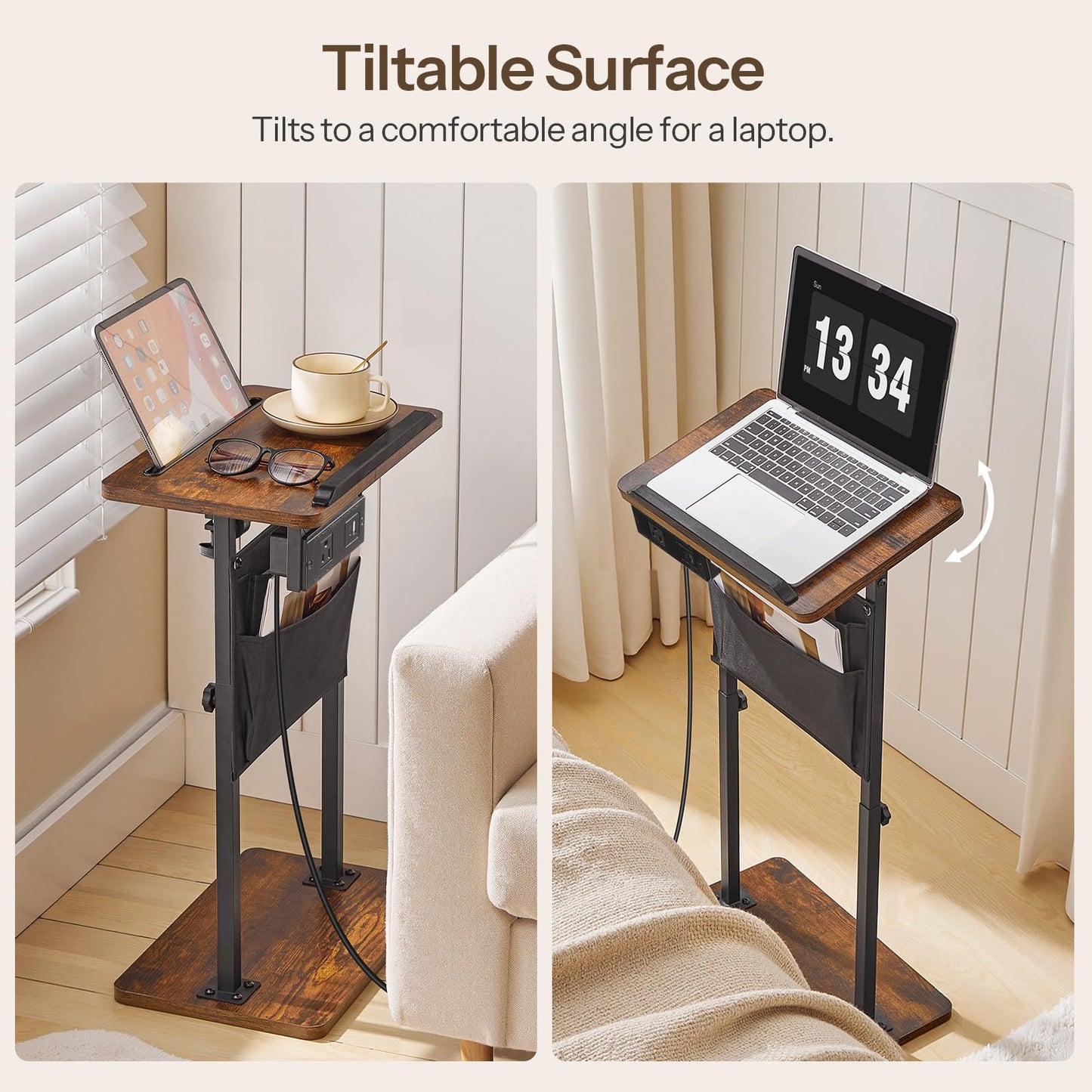 HOOBRO Side Table, Narrow End Table with Charging Station, Height Adjustable Side Table, Tiltable Surface, Storage Bag, Nightstand for Small Spaces, Living Room, Rustic Brown and Black BF435UBZ01