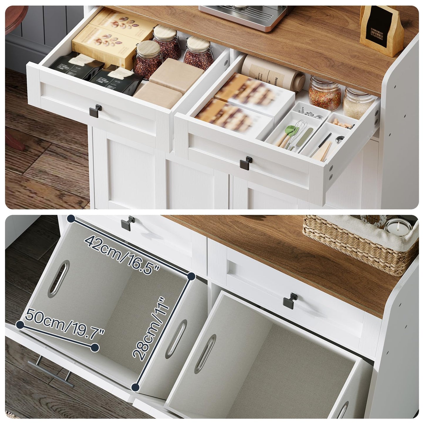 Kitchen cabinet with open drawers and storage bins, showing organization and space utilization.